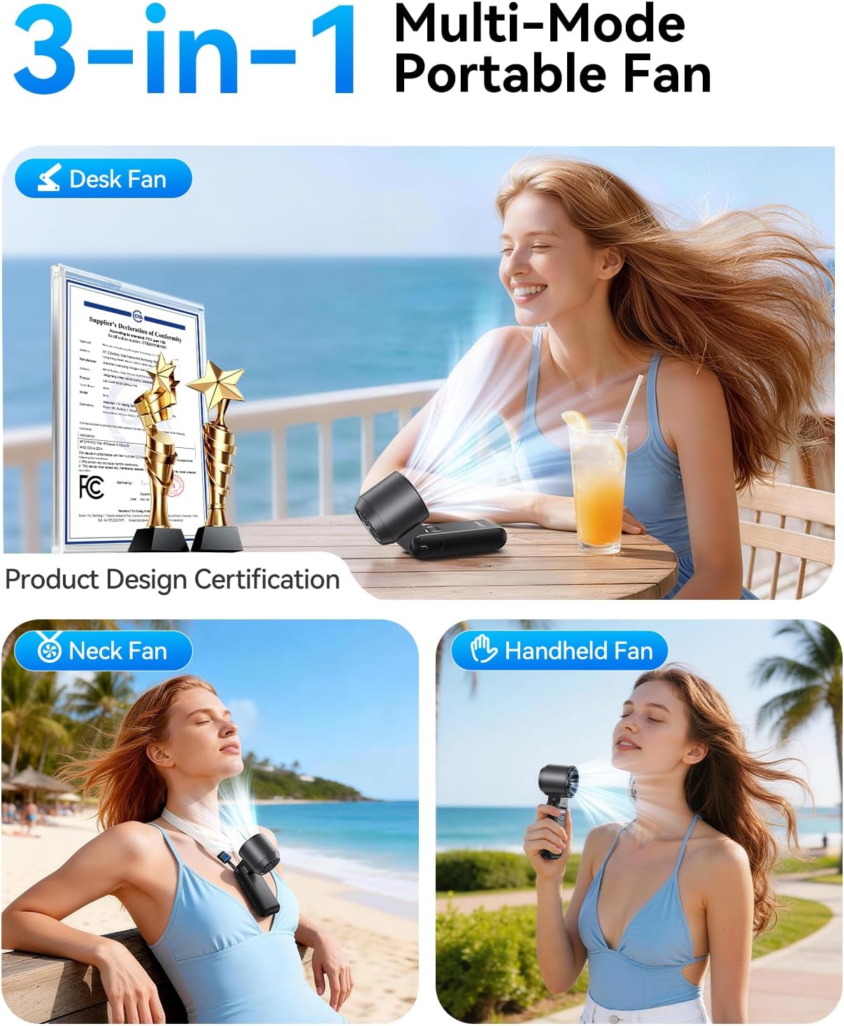 Thumbnail 3 de KIMMOO 3-in-1 Portable Handheld Turbo Fan (Black) with Digital Display, USB Rechargeable