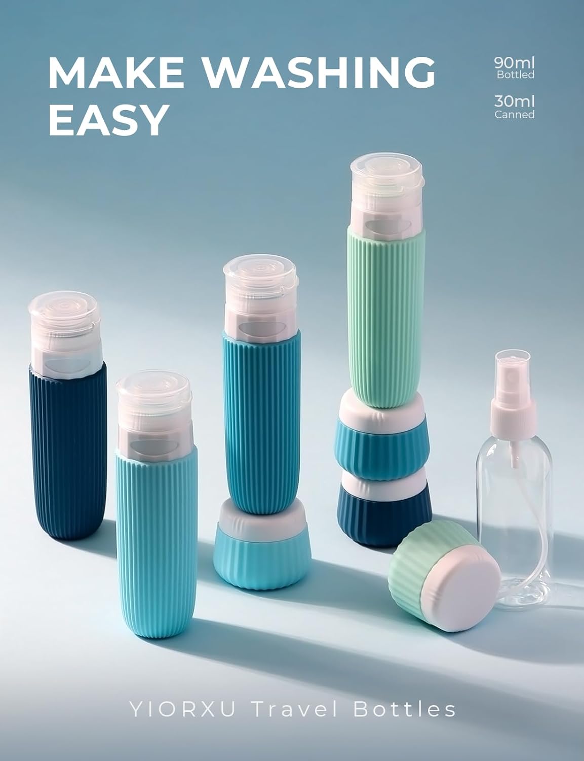 Thumbnail 1 de Yiorxu Reiseflaschen Zum Befüllen – 9 Stück Travel Set (90 ml + 30 ml + Spray 80 ml) aus Silikon, Auslaufsicher, TSA-tauglich