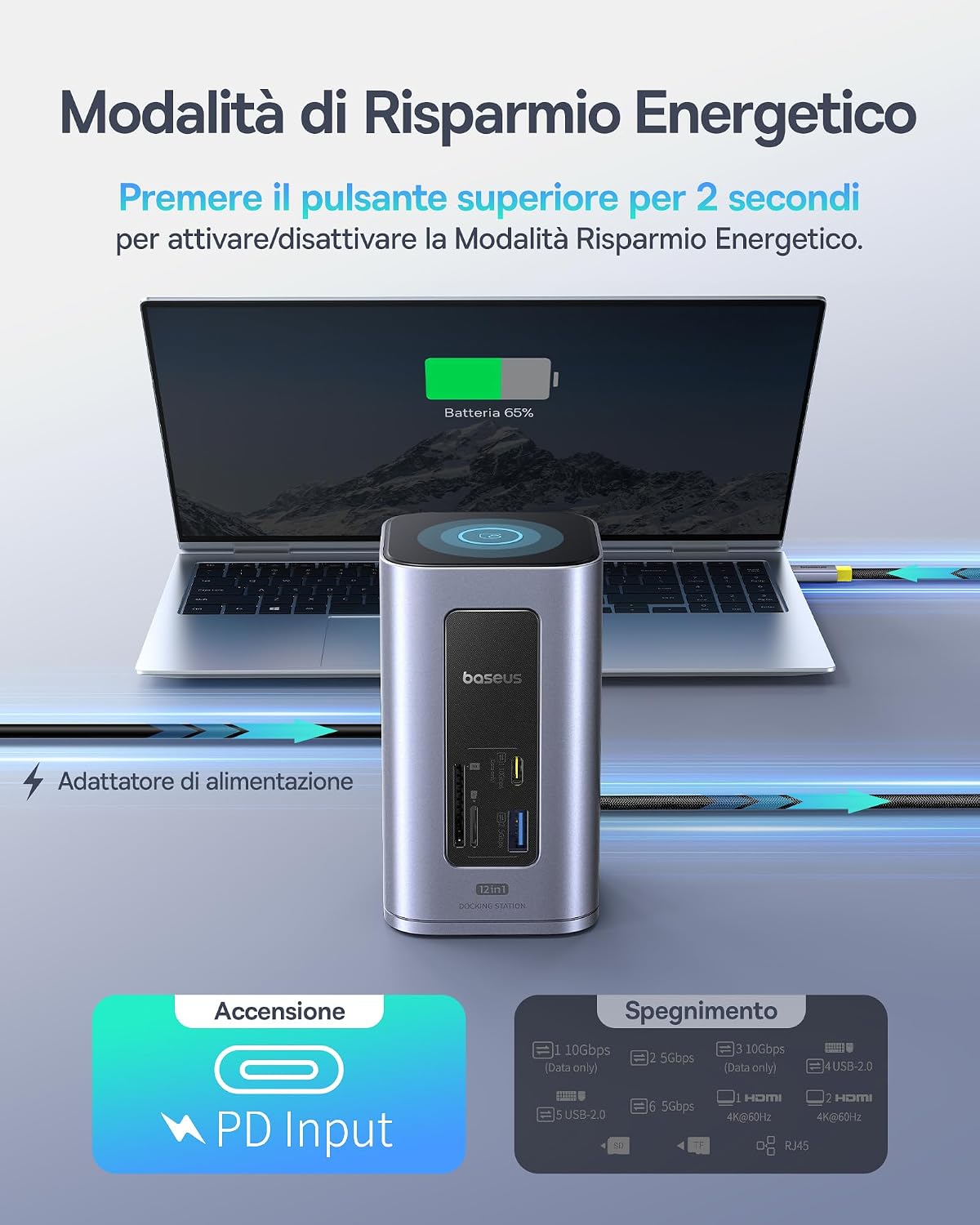Detalle de Baseus Nomos Air 12 in 1 Docking Station: doppio 4K, ricarica 100W e connettività completa per laptop HP/Lenovo/Dell/Acer