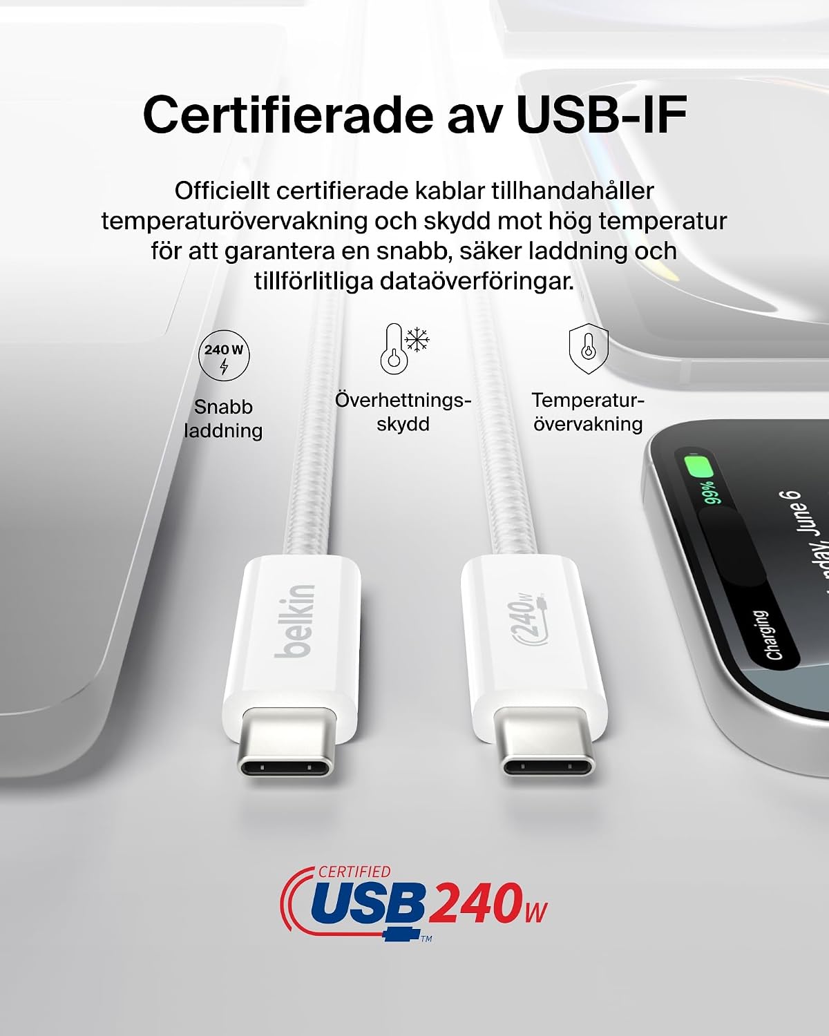 Detalle 2 de Belkin 2-pack USB-C till USB-C-kablar, 1,5 m, flätade och upp till 240 W