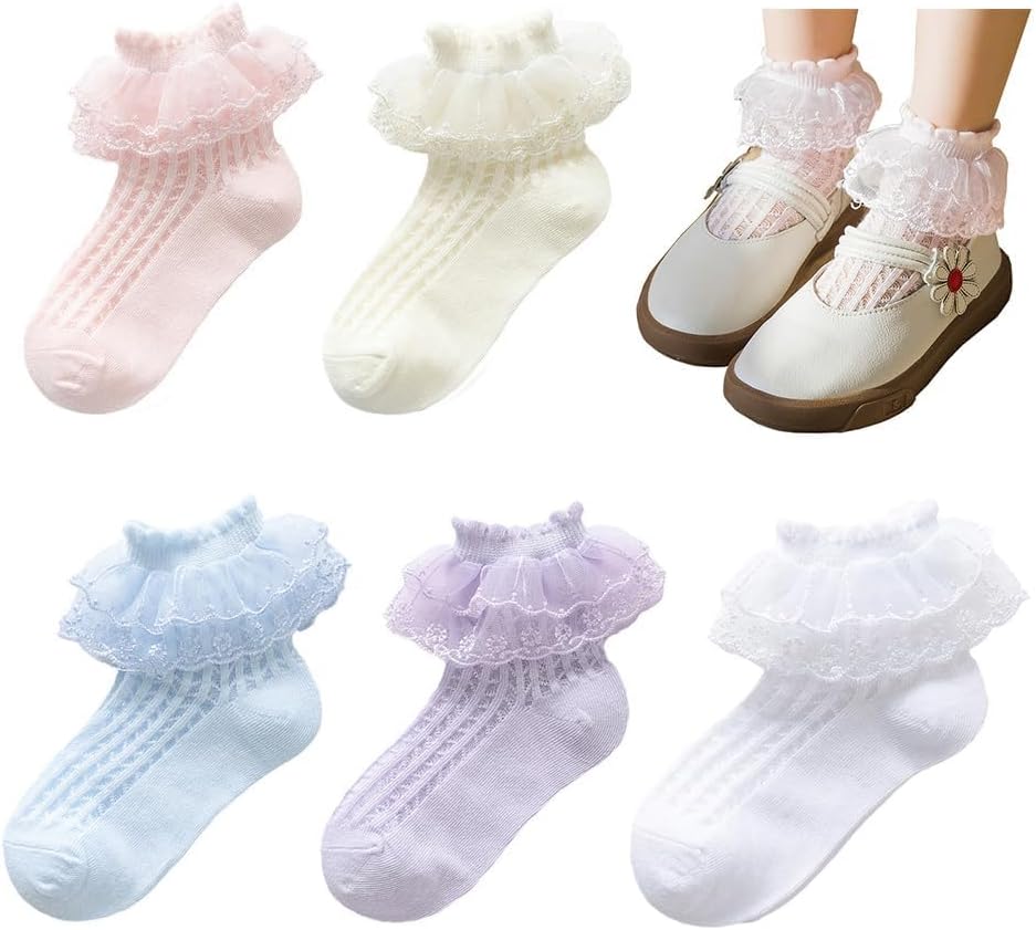 Thumbnail 6 de HXQLXGT 6 Pairs Baby Girls Frilly Lace Socks – Soft Cotton & Spandex, 1-9T