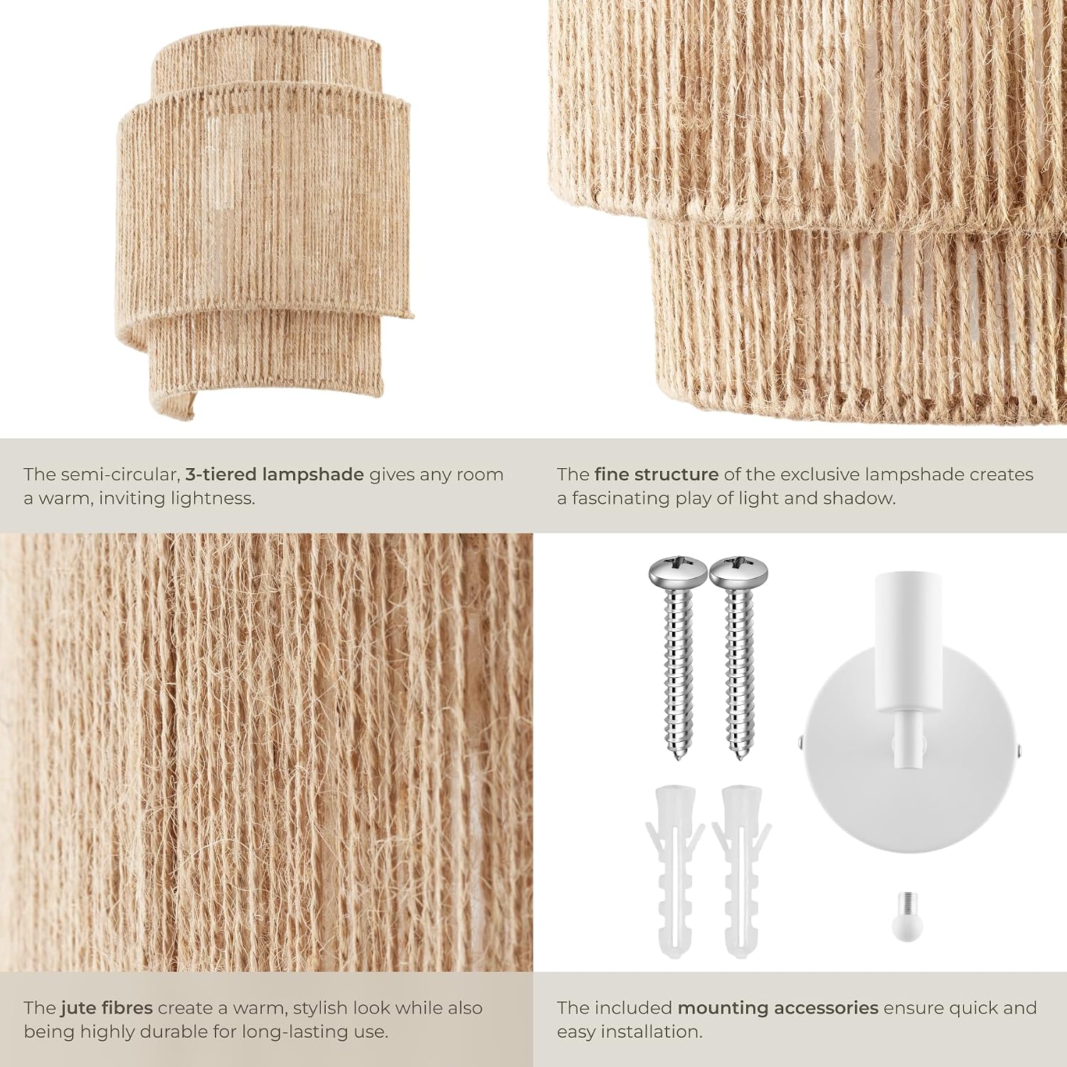 Detalle de tectake Lignea Lux 406074 vägglampa i jute, E14-sockel, upp till 40 W