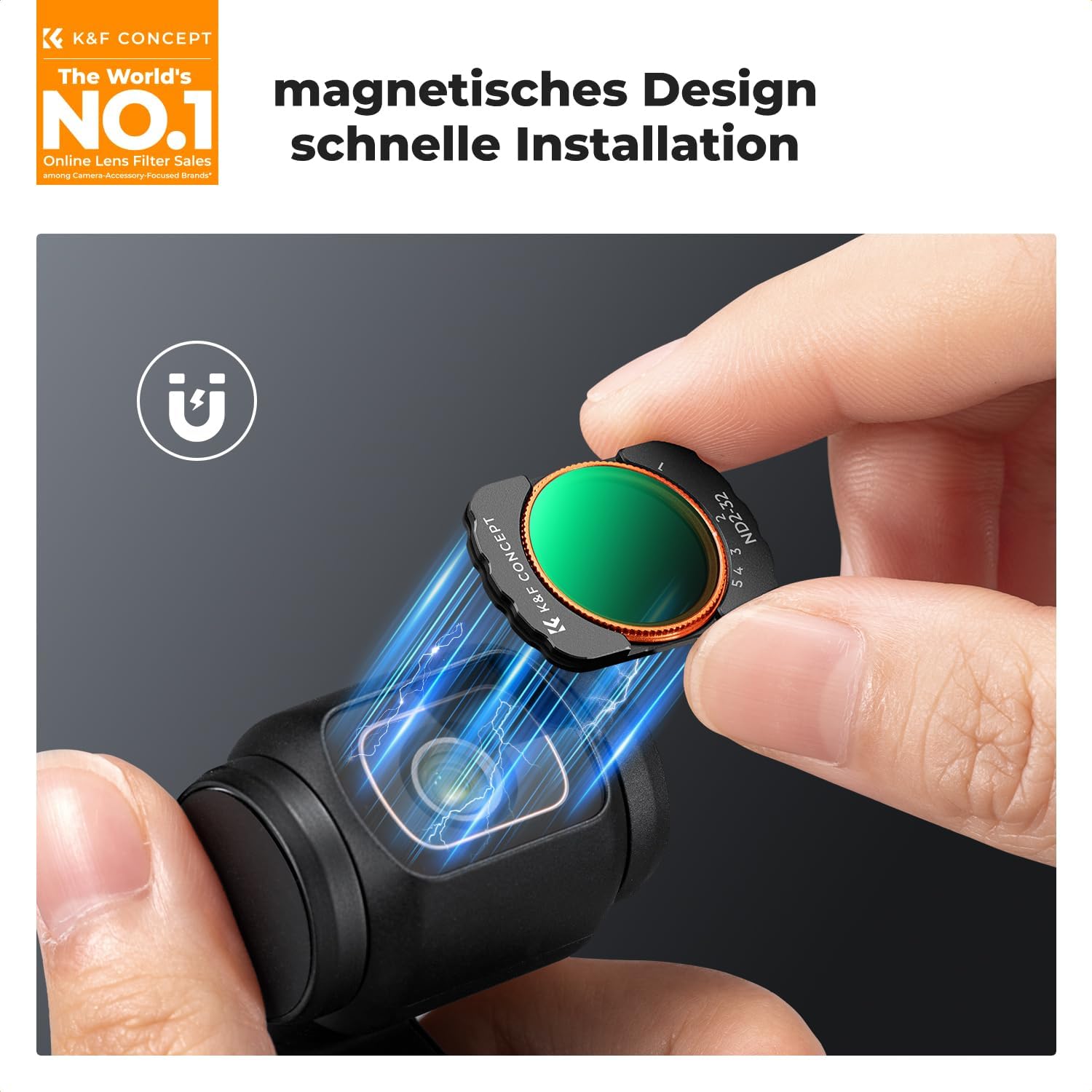 Detalle 2 de K&F CONCEPT FSD01 magnetisches Filter Set für Osmo Pocket 3/4 – 4er-Filter mit Weitwinkel, CPL, ND2-32 und Black Mist 1/4