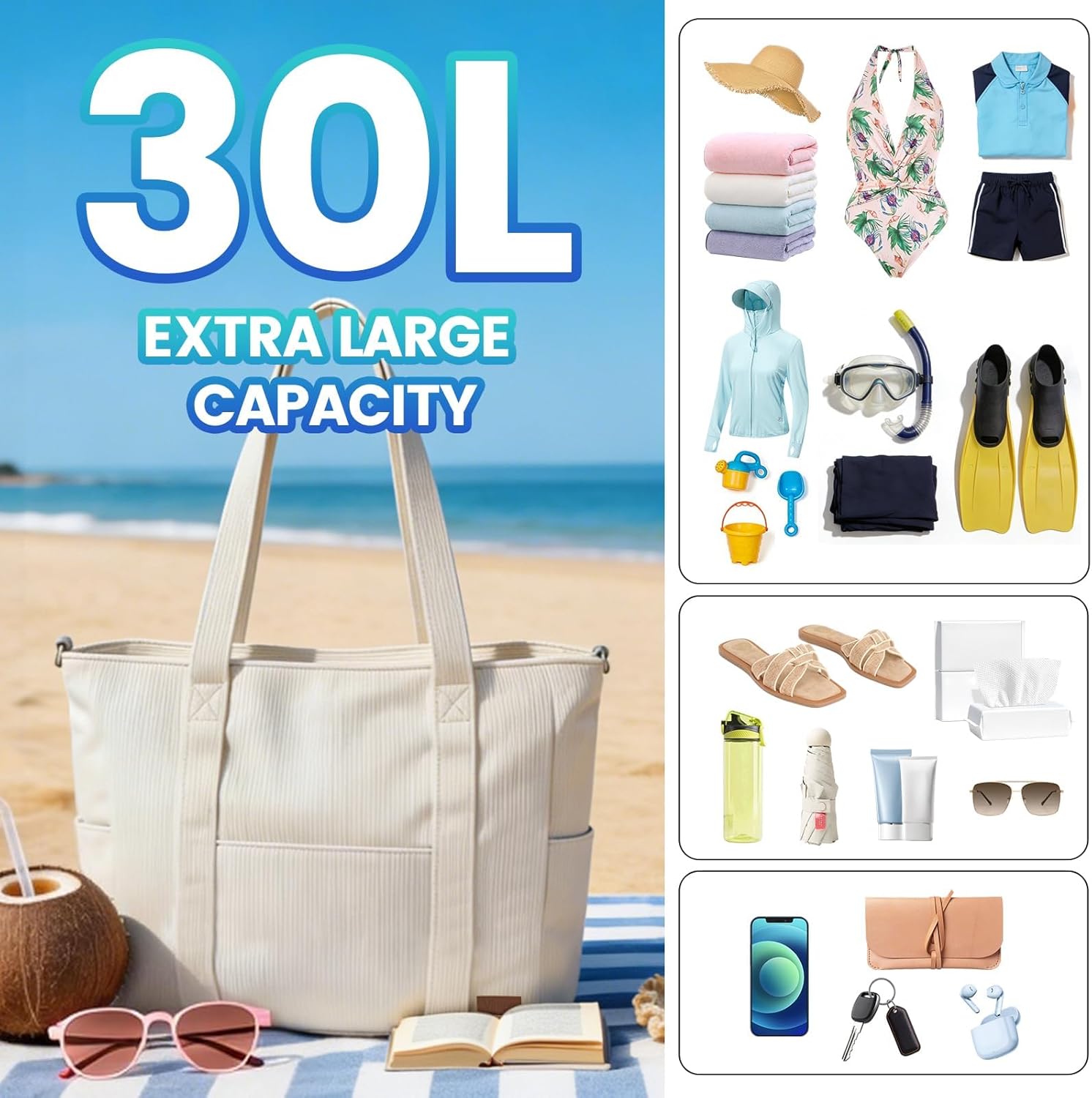 Detalle de Virape Strandtasche XXL Familie mit Reißverschluss – Wasserdichter Innenraum, Kordelstoff, 42×39×18 cm