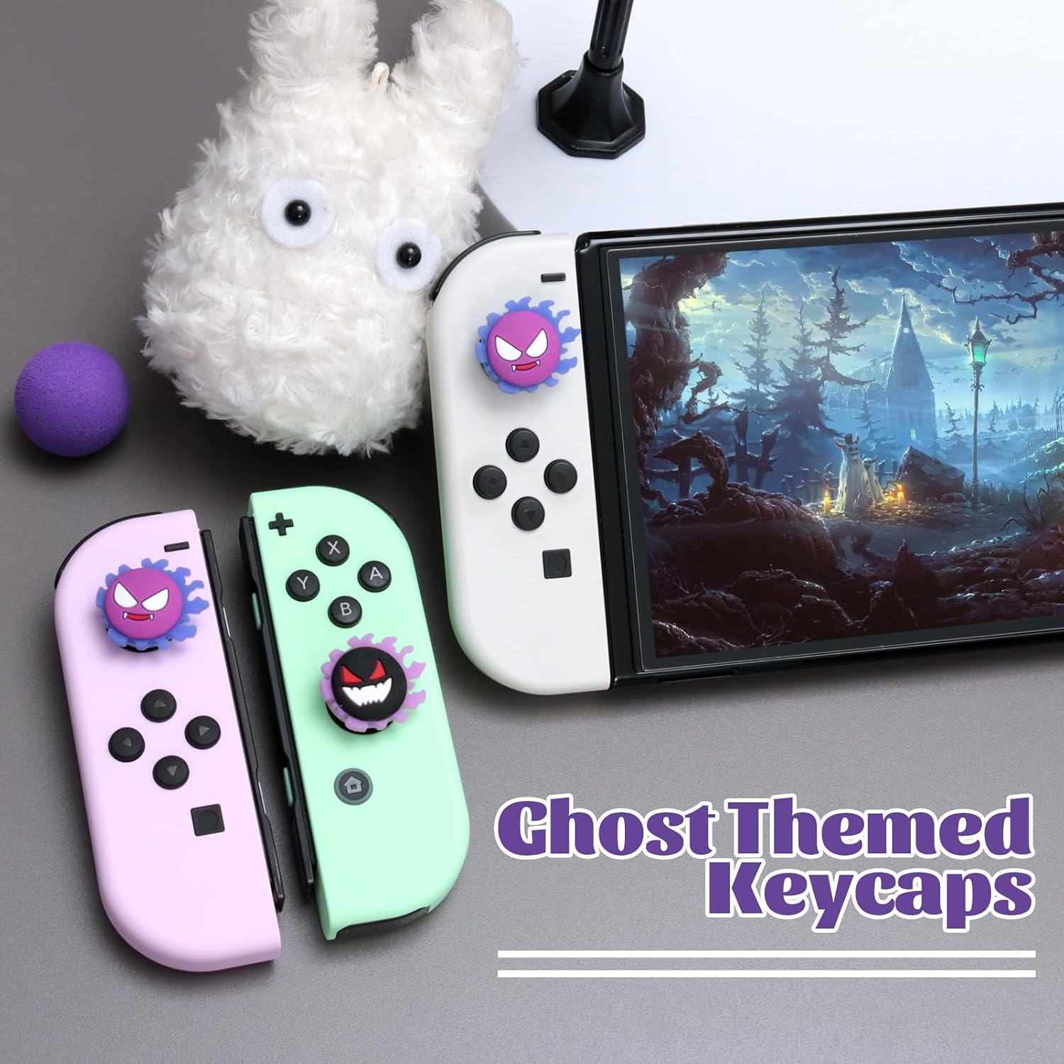 Detalle de NANANINO Glow-in-the-Dark Ghost Thumb Grips for Nintendo Switch, 4 Silicone Caps