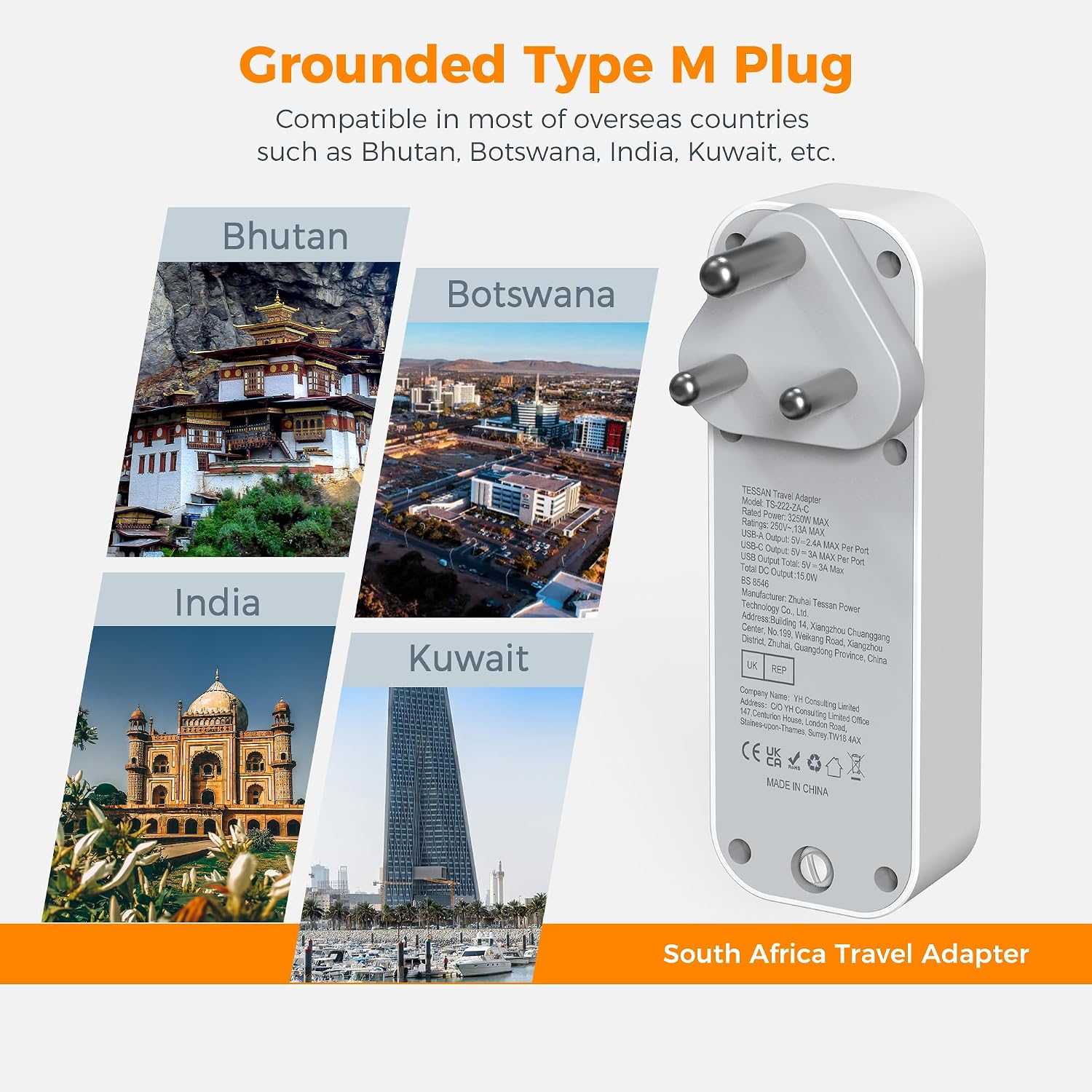 Detalle 2 de TESSAN UK to South Africa Type M adapter 3 USB