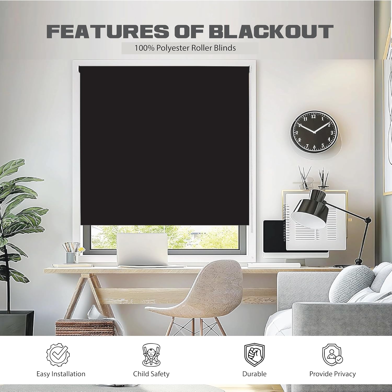 Detalle de FUNKY GADGETS Blackout Roller Blinds, Black (60cm W x 165cm Drop) – 100% Blackout with Thermal Insulation
