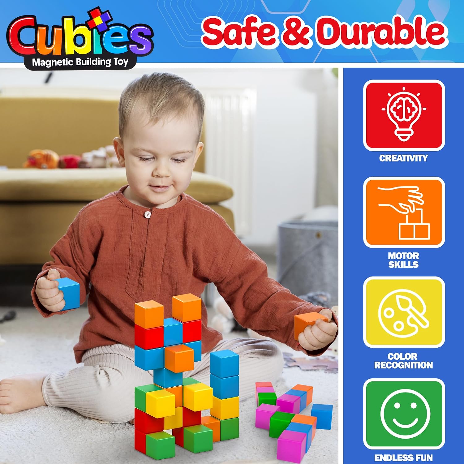 Detalle 1 de Playmags Cubies – magnetyczne klocki 64-elementowe z grzechotkami