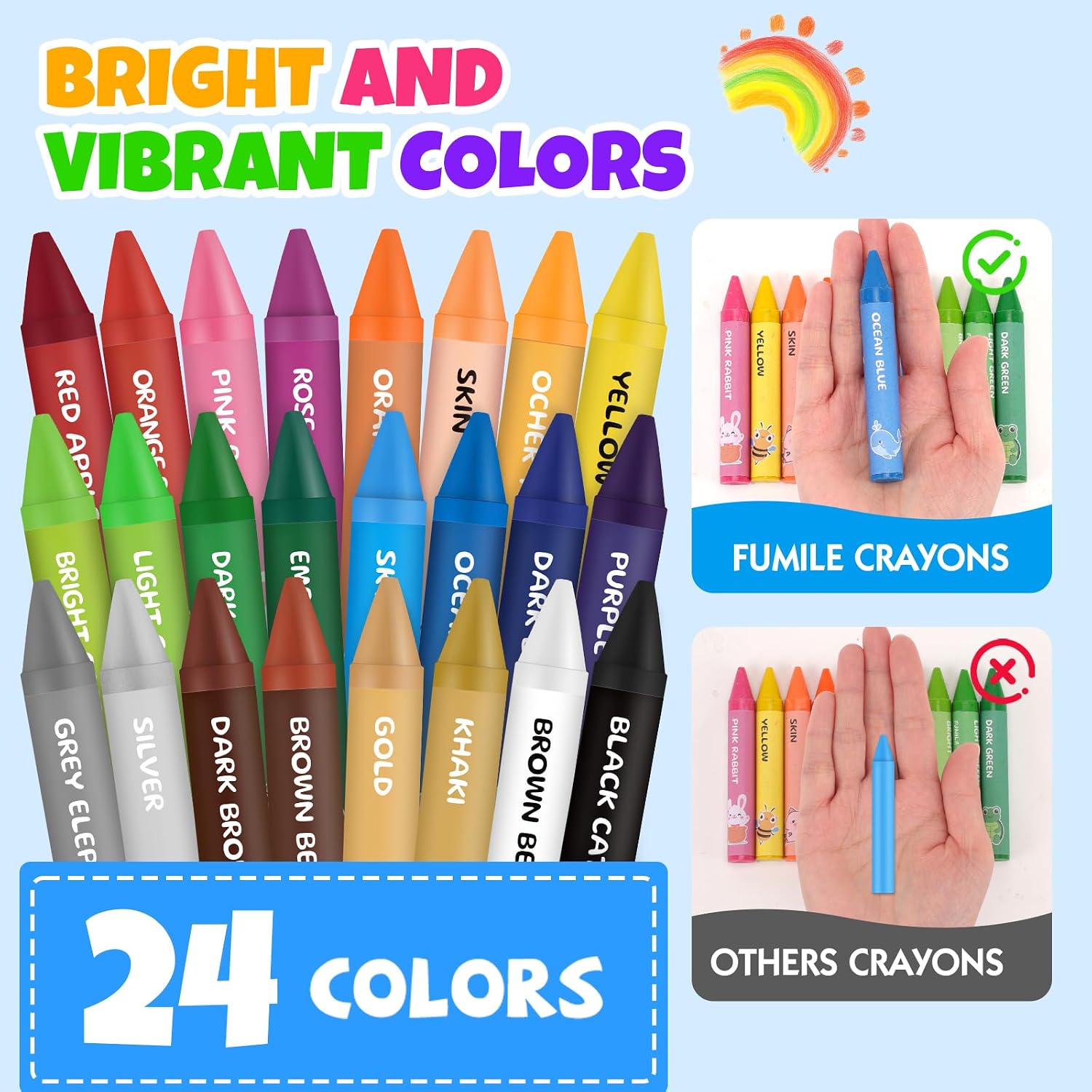 Detalle de FUMILE 24-Count Jumbo Crayons, Washable Multicolor Set for Toddlers