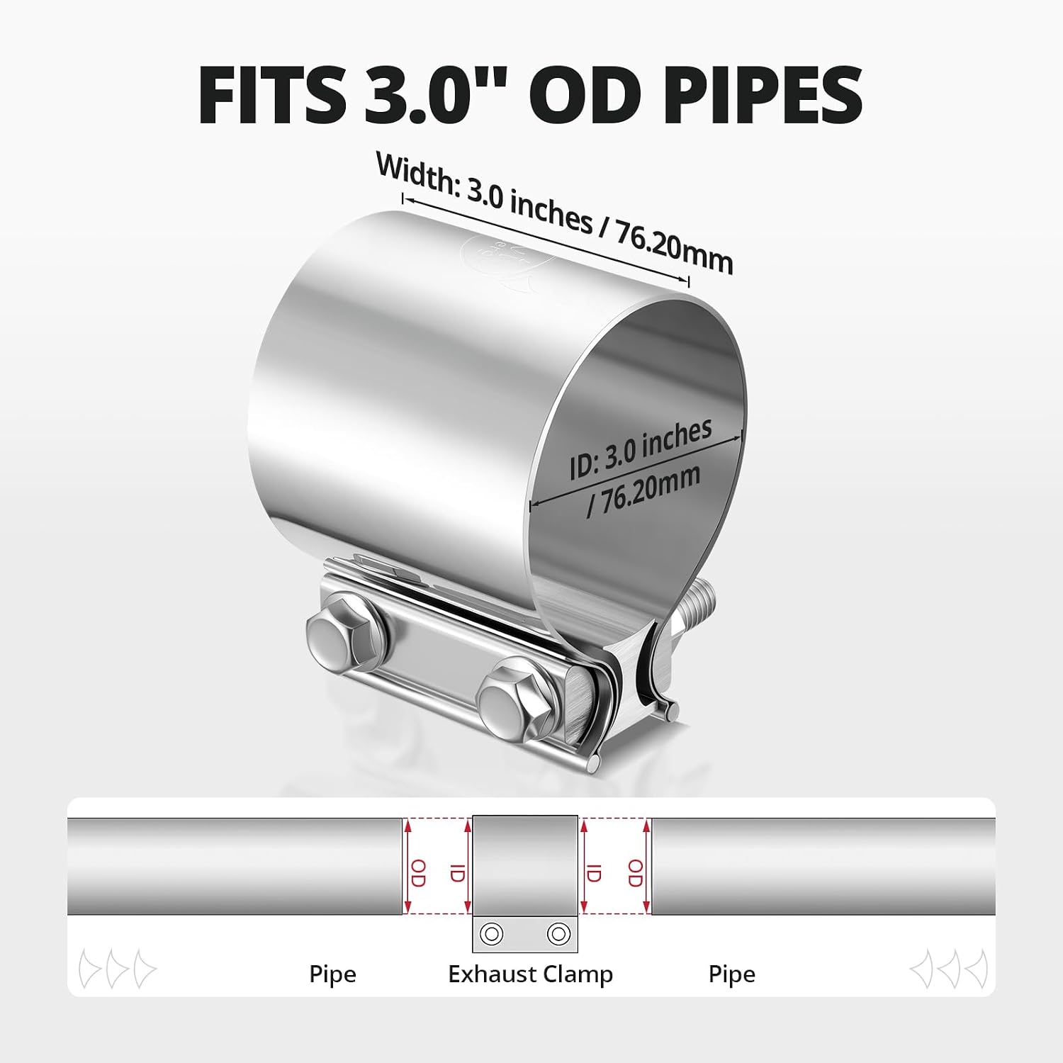 Detalle 2 de EVIL ENERGY 3.0 Inch Exhaust Clamp (2-Pack) — 304 Stainless Steel Lap Joint Band for Butt-Joint Connections