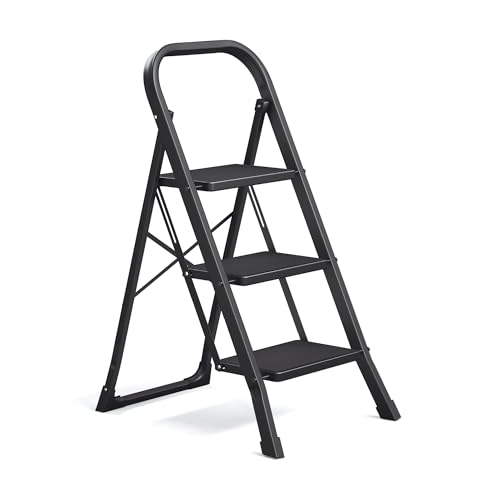 Detalle de SONGMICS Escalera de Tijera de 3 Peldaños GSL003BZ01 – Seguridad, Compacidad y Versatilidad