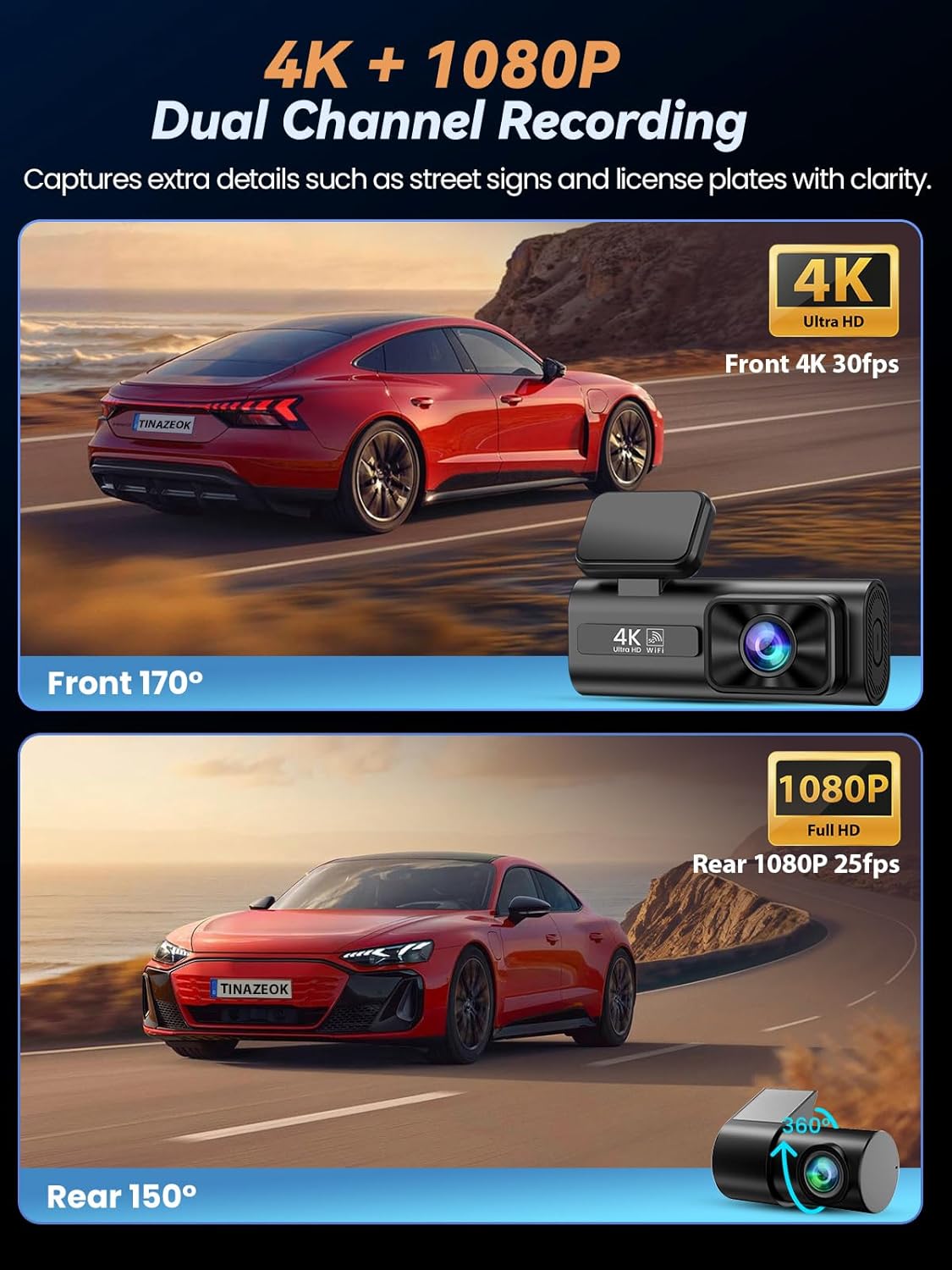 Thumbnail 1 de TINAZEOK C3 4K+1080P Dual Dash Cam