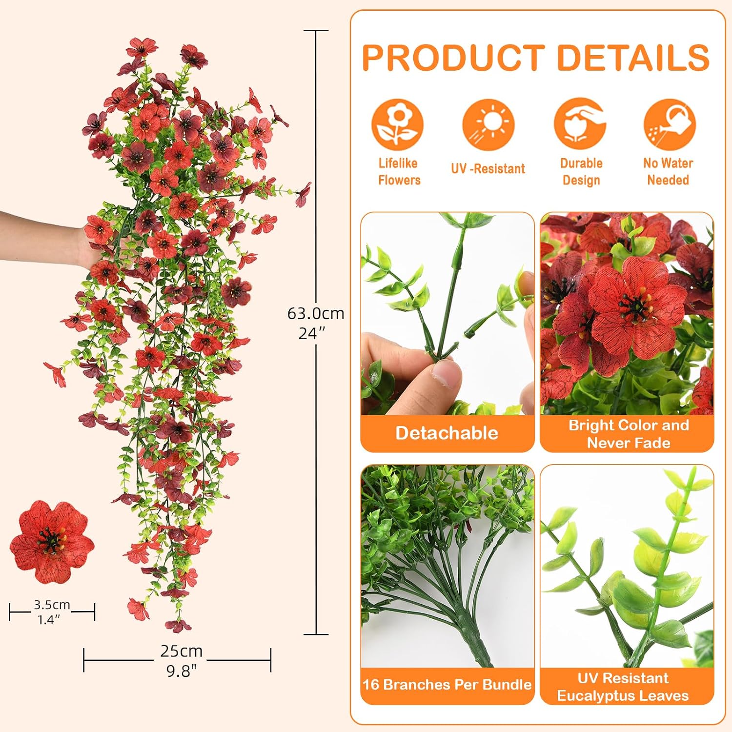 Detalle de Artificial Hanging Flowers for Outdoors (2-Pack) — UV-Resistant Faux Silk Daisy for Porch, Patio & Yard Decor (Red Brown)