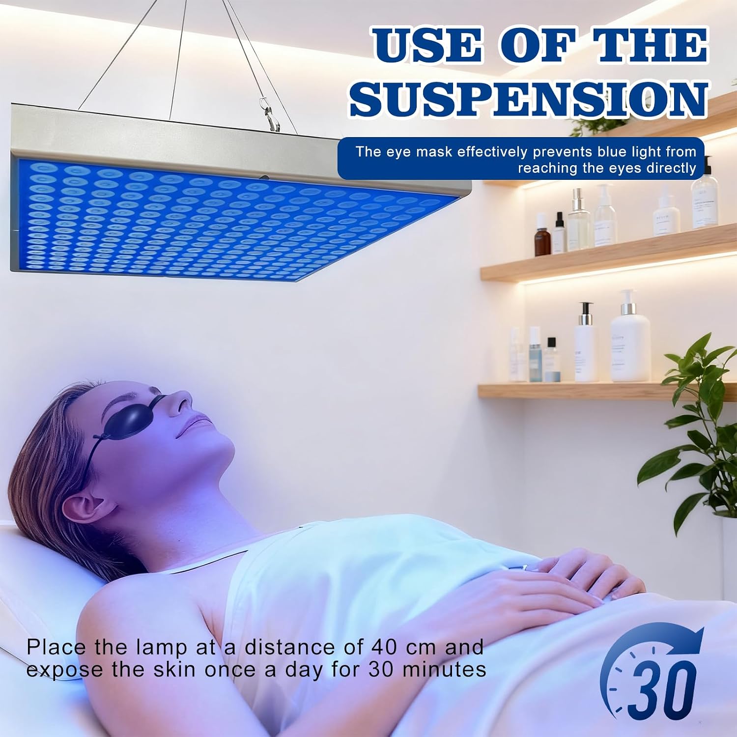 Detalle de Tanning Lamp Sun Lamp for Face and Body – 225 LEDs, Foldable, with Eye Mask & Tripod (Blue)