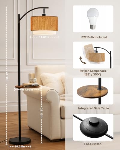 Detalle 2 de Wio-Mio Lámpara de Pie de Ratán con Mesa: boho moderno con luz regulable y superficie auxiliar