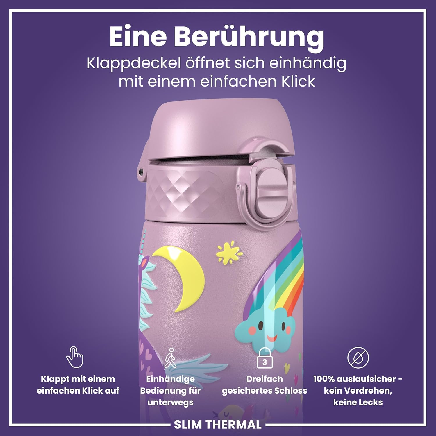 Thumbnail 2 de ion8 Vakuumisolierte Edelstahl-Trinkflasche 500 ml – Auslaufsicher, Einhandöffnung, Einhorn Design