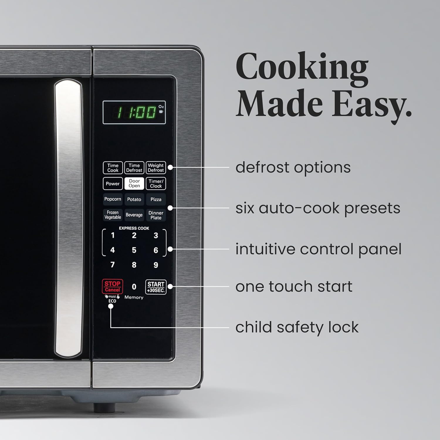 Detalle de Farberware 1.1 Cu. Ft. Countertop Microwave Oven (1000W) with Auto Cook, Defrost, Child Safety Lock — Stainless