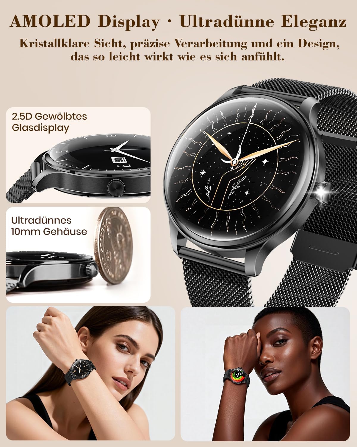 Detalle 2 de WalkerFit Smartwatch Damen Rund 1,43" AMOLED – 120+ Sportmodi, IP68, kabelloses Laden, Bluetooth Anrufe