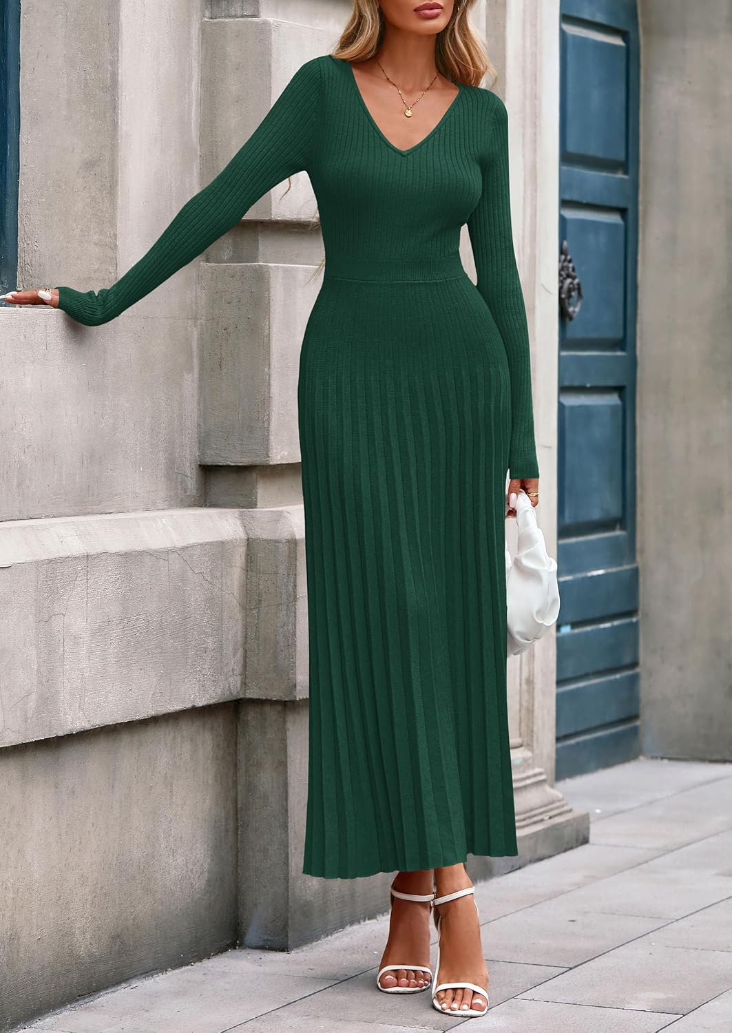 Thumbnail 6 de PRETTYGARDEN Long Sleeve Maxi Sweater Dress, Ribbed Knit, V-Neck, Pleated A-Line