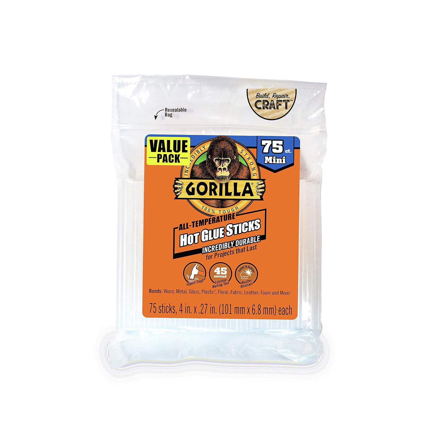 Detalle de Gorilla 3027502 Mini Hot Glue Sticks, Clear, 4 in, 75 Count