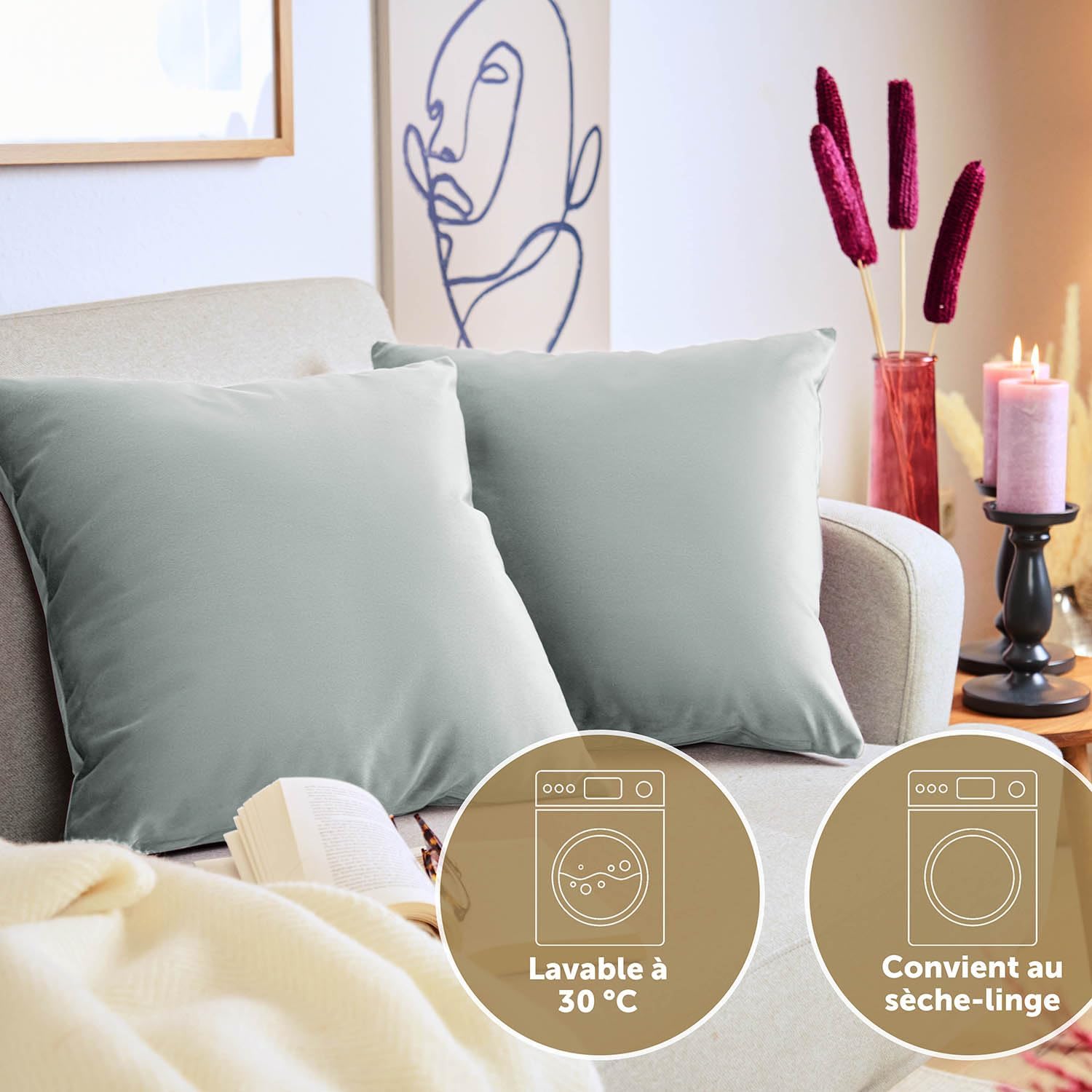 Detalle de Blumtal Housse de Coussin canapé - Lot de 2, Velours gris 40x60 – certifiée Oeko-Tex