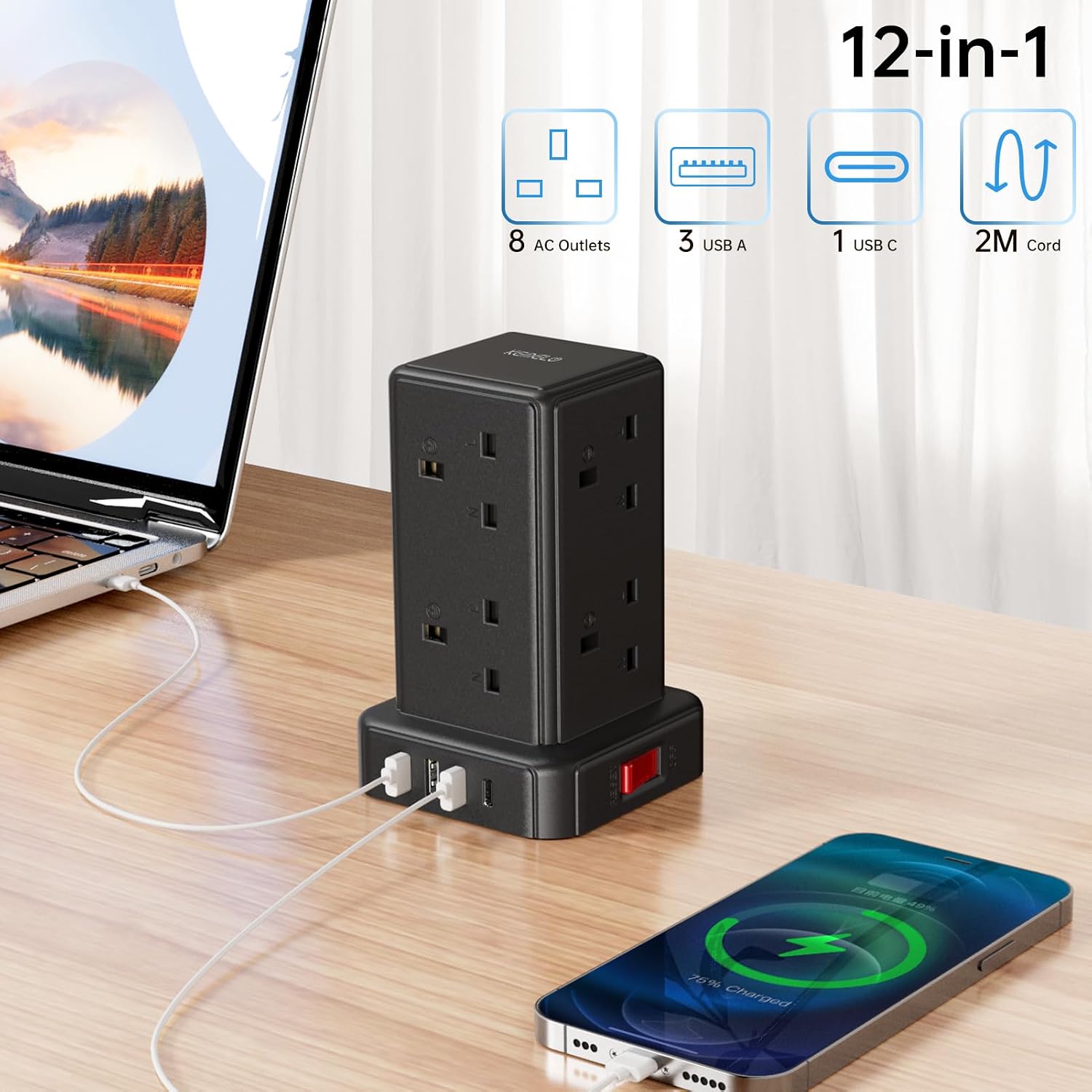 Thumbnail 1 de Kemelo Tower Extension Lead 8-way with 4 USB 2m cable 🔌