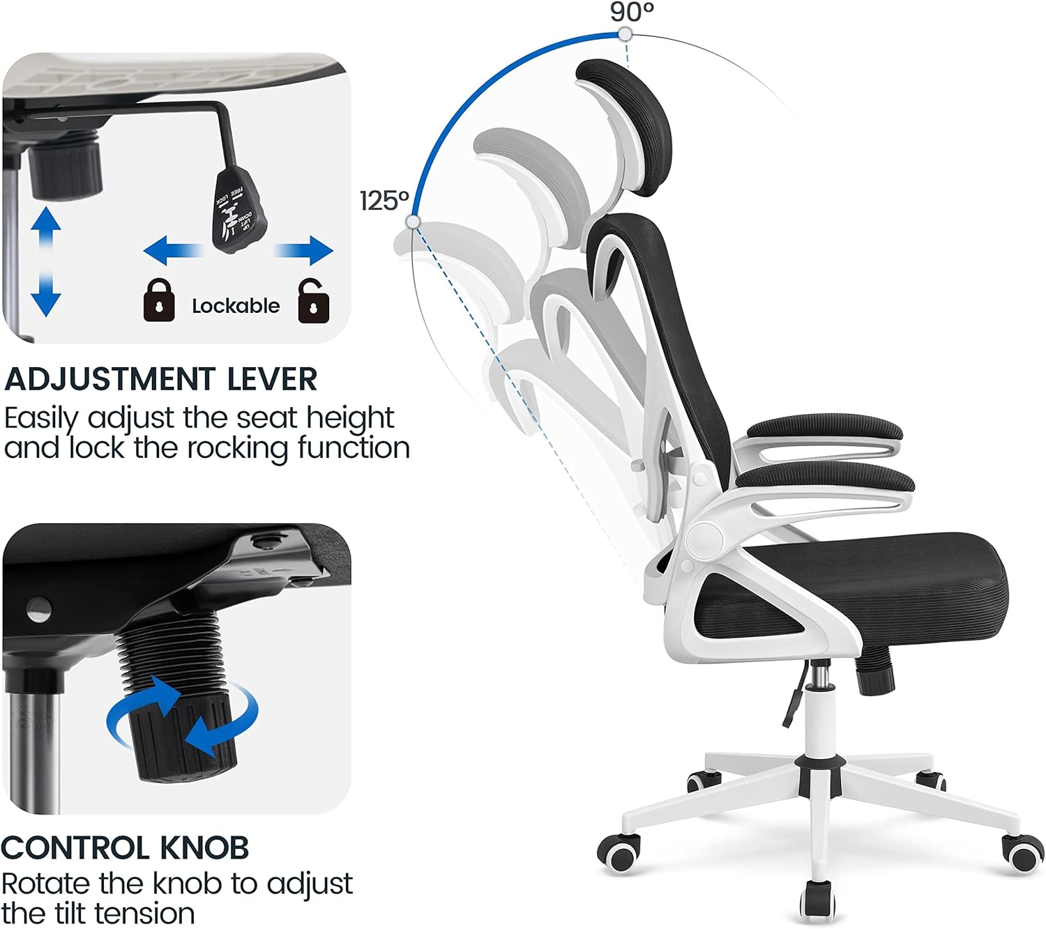 Thumbnail 6 de Yaheetech Bürostuhl Ergonomisch – Hochklappbare Armlehnen, Kopfstütze, 136 kg belastbar, Weiß/Schwarz