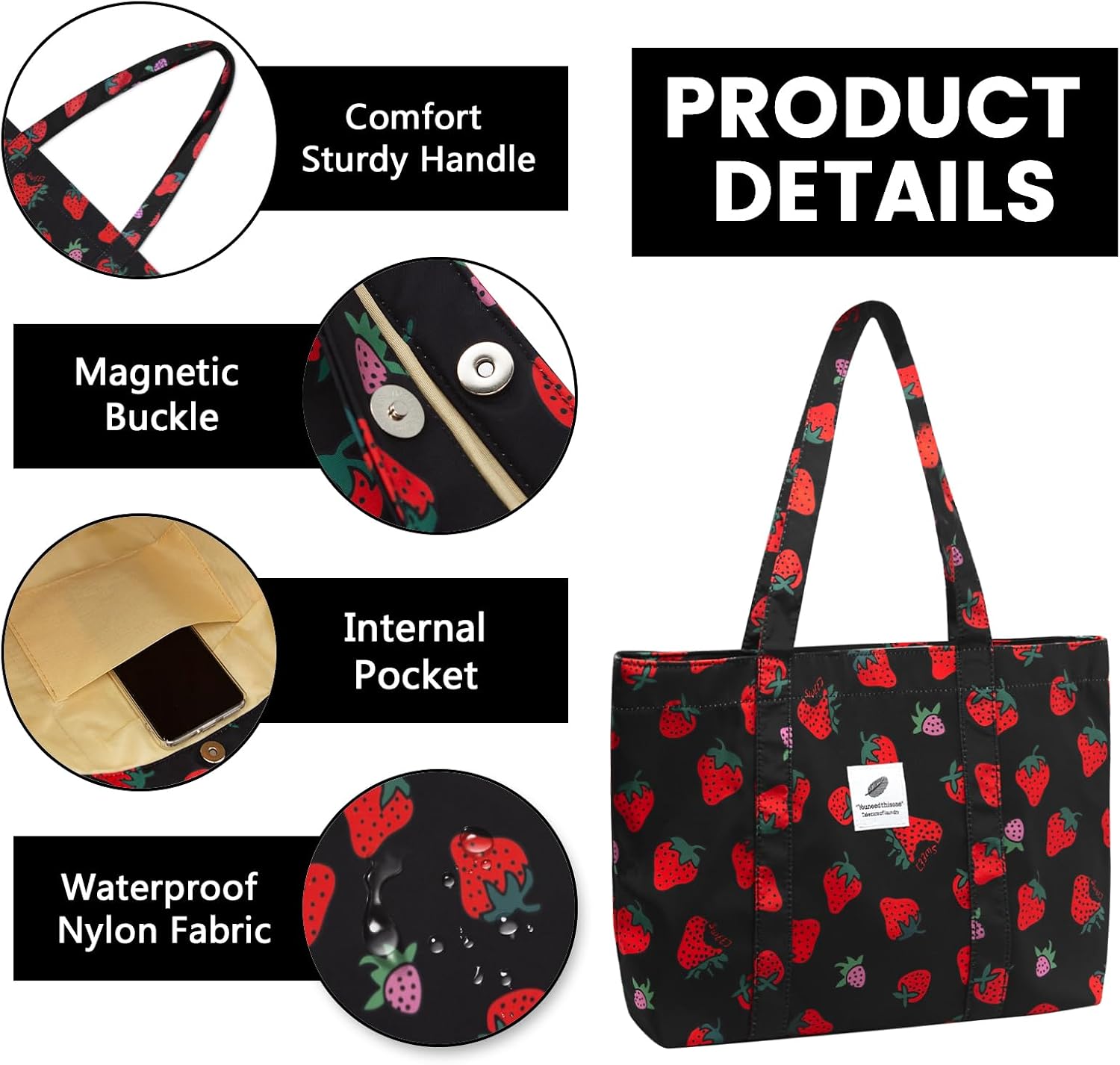 Detalle de YAMEIZE Strawberry Tote Bag for Women & Girls – Large Nylon Cherry & Strawberry Shoulder Tote with Inner Pocket