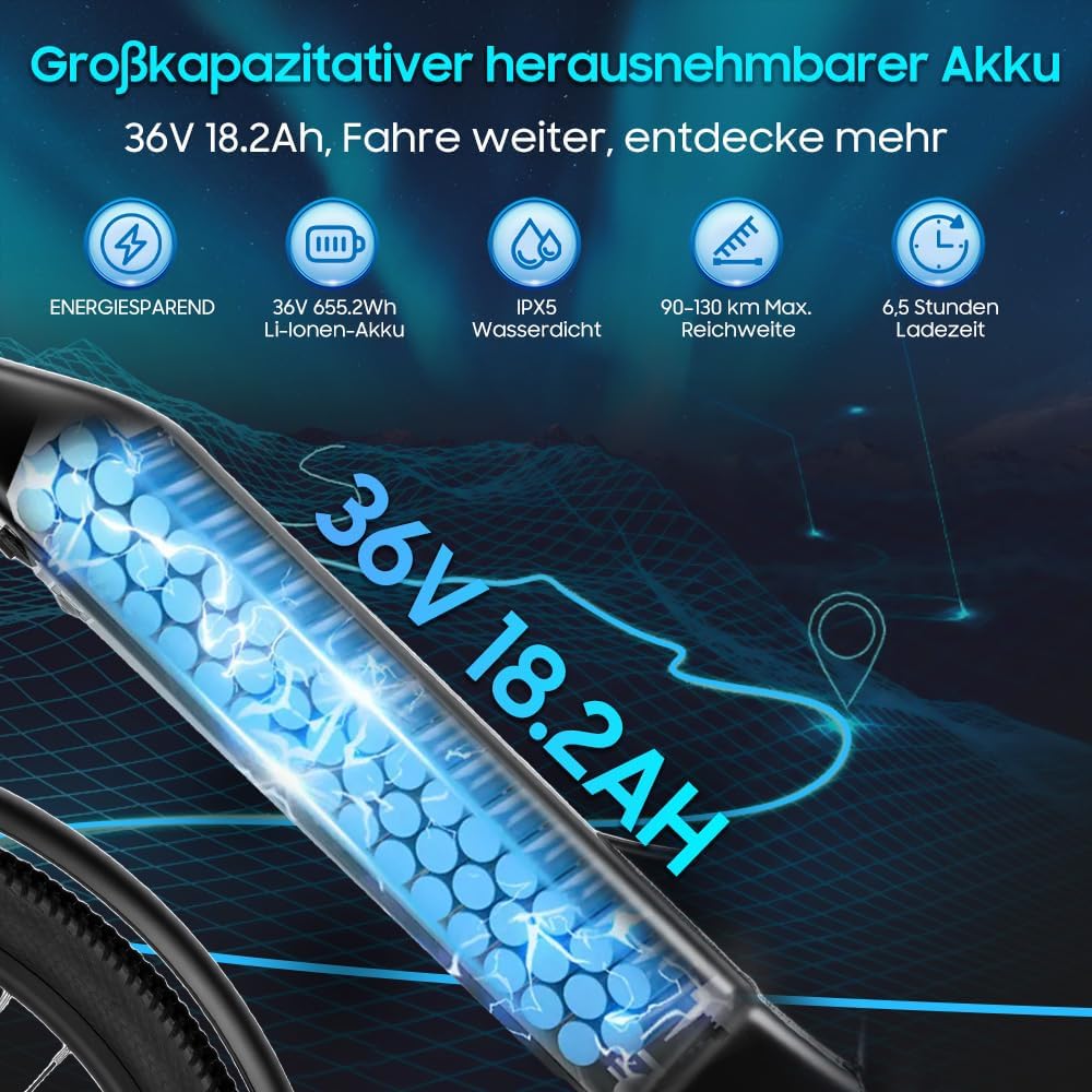 Thumbnail 1 de nakxus 26T1 Elektrofahrrad – 26 Zoll, 36V 18.2Ah Akku, 250W Motor, 7-Gang, IPX5, 90–130 km Reichweite