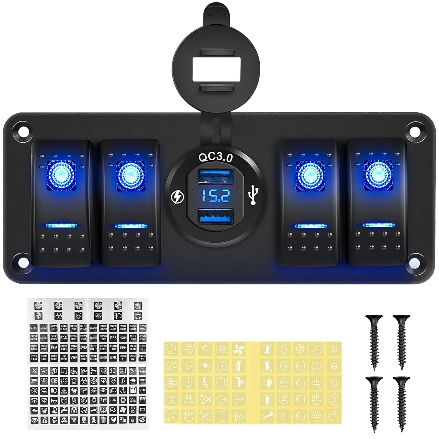 Detalle de Chelhead 12V 4-Gang Low Voltage Rocker Switch Panel with Dual USB Charger and Voltmeter