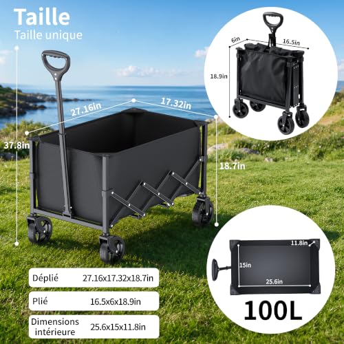 Detalle de Chariot utilitaire pliable RYGE0: 100 L, roues et poignée télescopique – pratique pour jardinage, camping et shopping