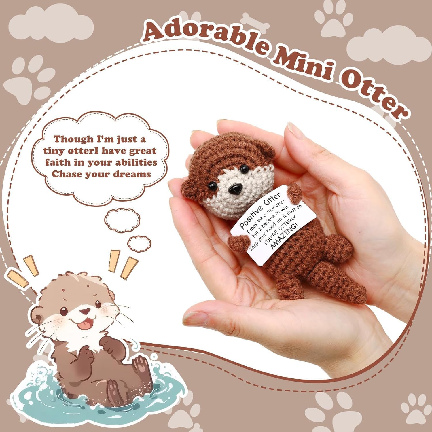 Detalle 2 de ALUNME Mini Funny Positive Crochet Otter – emotional crocheted otter gift with uplifting card