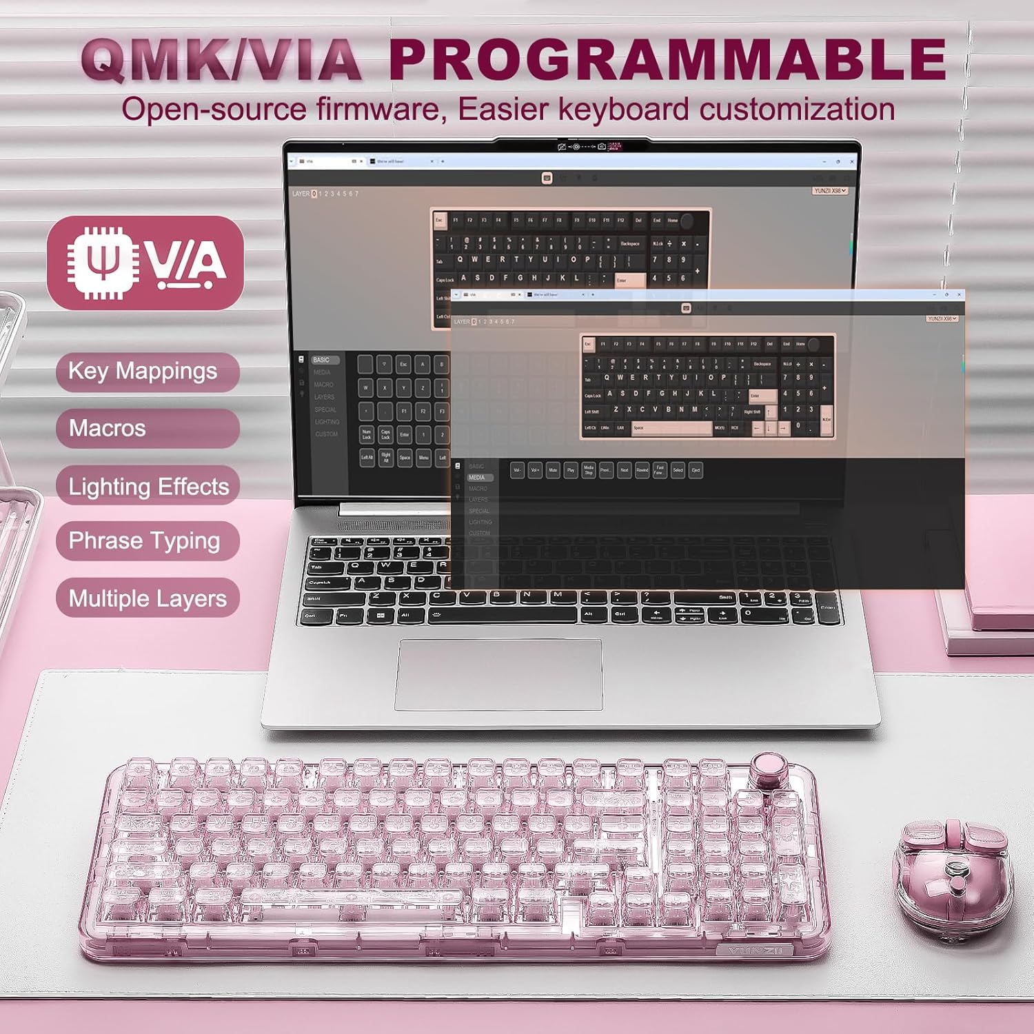 Thumbnail 5 de YUNZII X98 QMK/VIA Tri-Mode Tastatur (QMK/VIA, Hot-Swap, 2,4 GHz, Bluetooth, USB‑C, RGB „Pink/Crystal“)