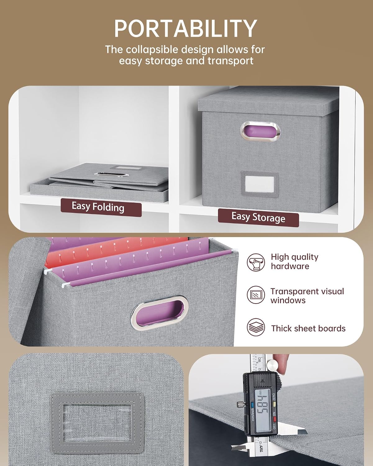 Detalle de Oterri AM03118 2-Pack File Storage Boxes with Lids, Gray Linen, Foldable