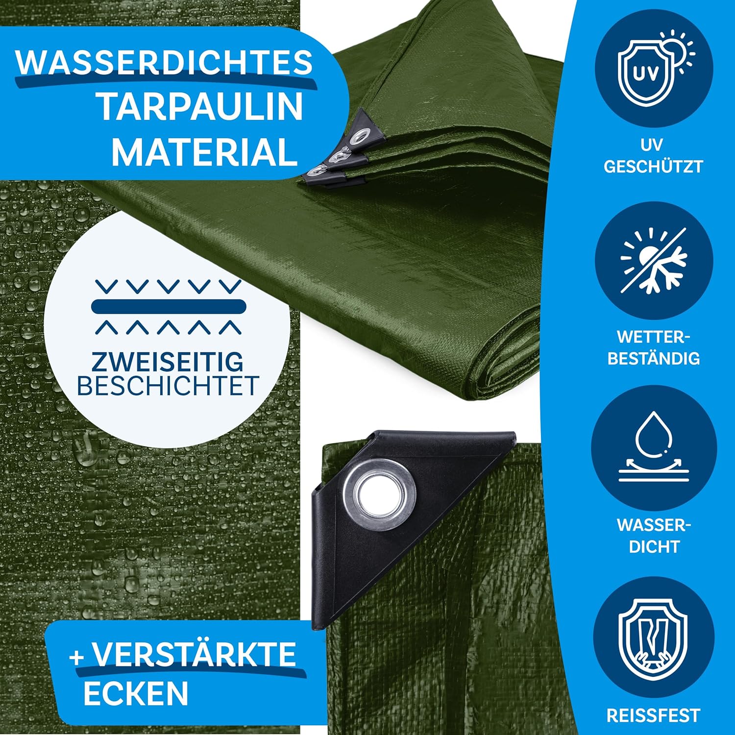 Thumbnail 1 de Floordirekt Abdeckplane / Gewebeplane mit Ösen – wasserdichte Zelt- und Bootsunterlage für Camping & Garten (z. B. 3x4 m, 12 m², 240 g/m², grün)