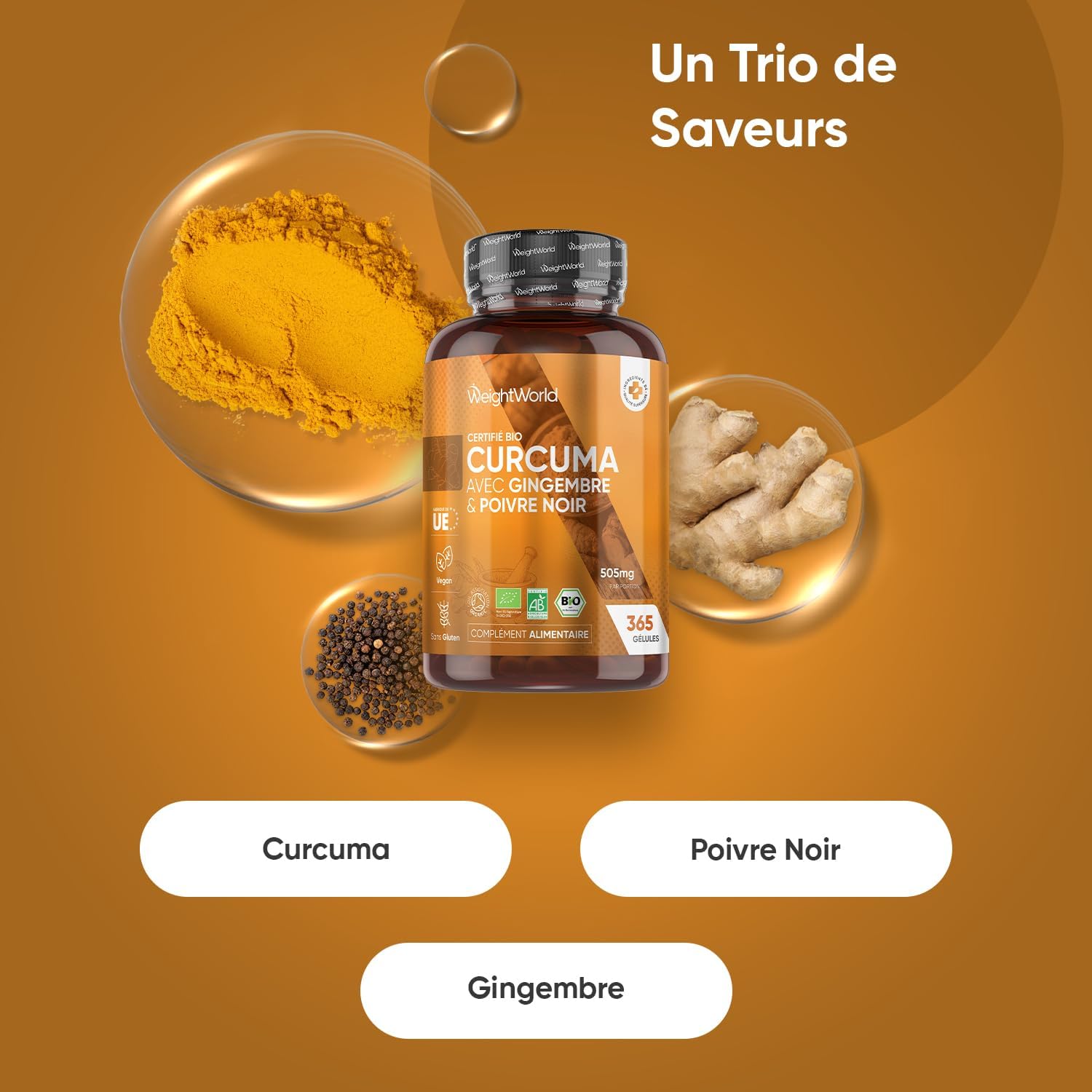 Thumbnail 1 de Curcuma Bio en gélules (curcumine, poivre noir & gingembre) – 365 gélules vegan