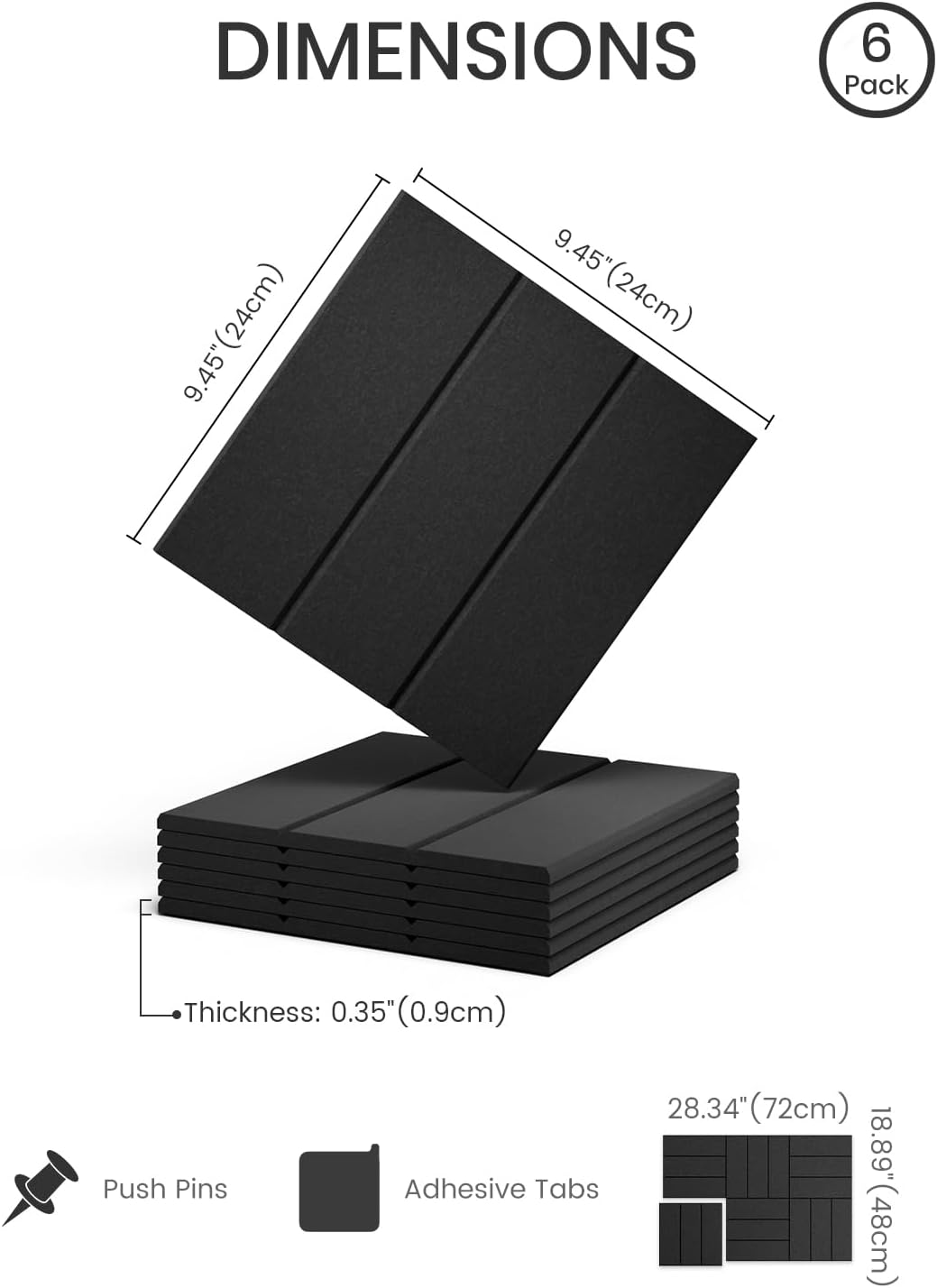 Detalle 2 de Fluxynara FZB-L-S-6-3L-BK Felt Bulletin Board Tiles, Black Bold Stripe, 6-Pack