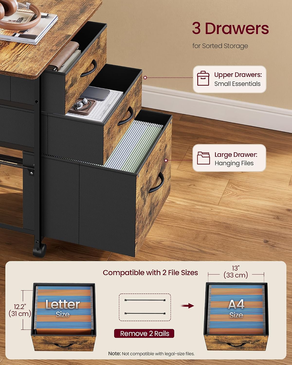 Detalle 2 de VASAGLE Rolling File Cabinet, 3 Drawers
