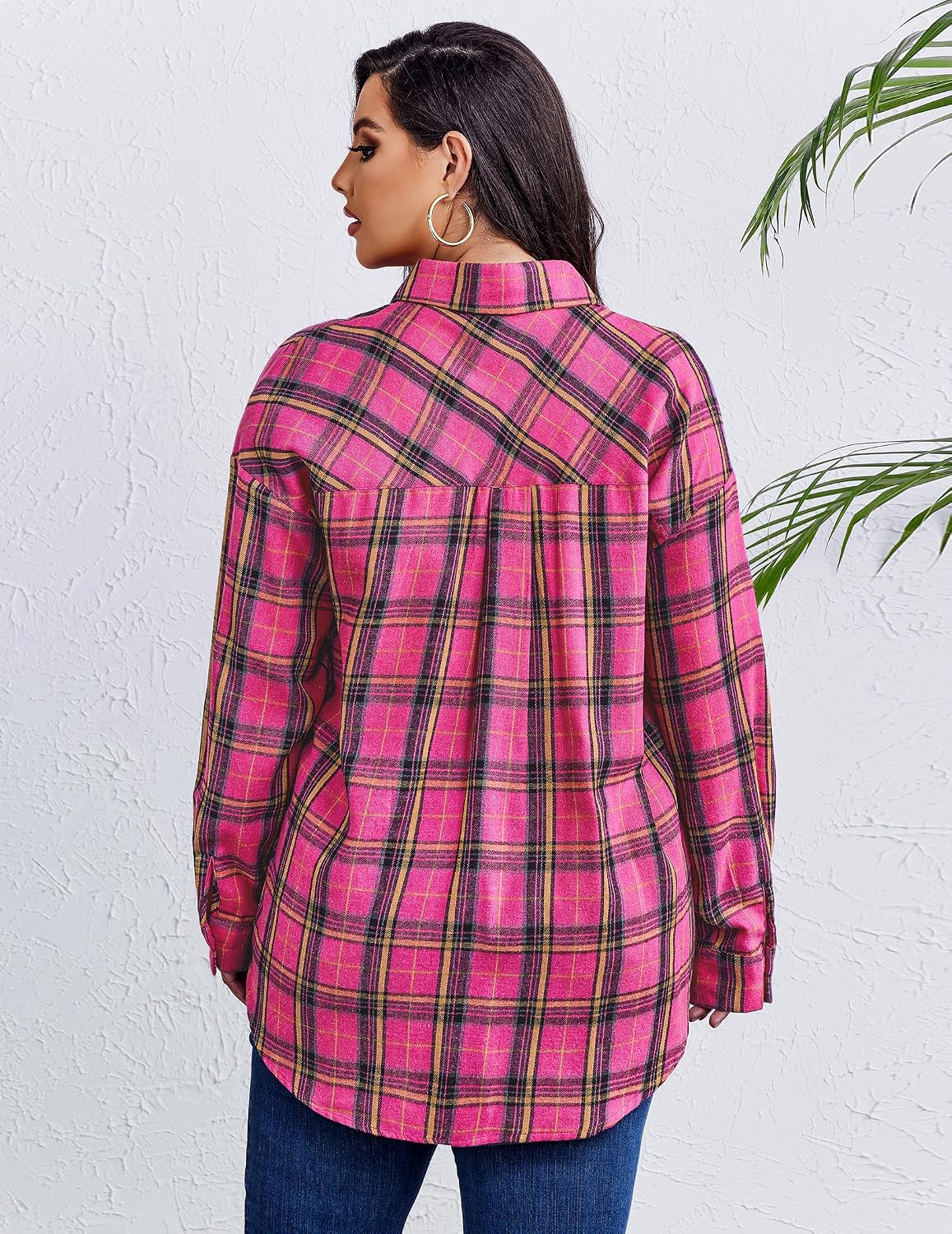 Detalle de IN'VOLAND Women's Plus Size Flannel Shirt, Long Sleeve Button-Down, Cotton Blend