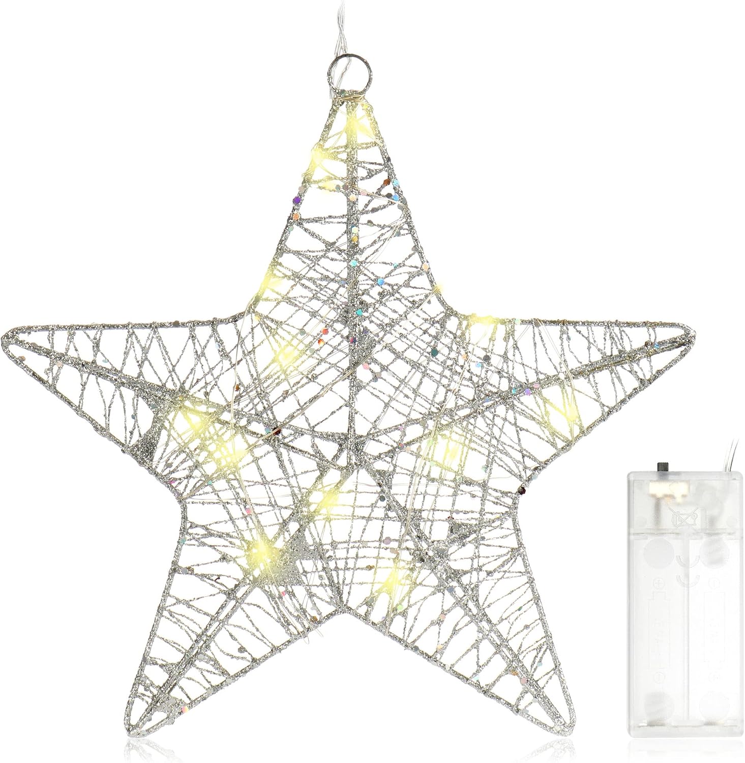 Detalle de COM-FOUR® déco LED étoile Noël – Étoile suspendue argentée à paillettes avec minuterie