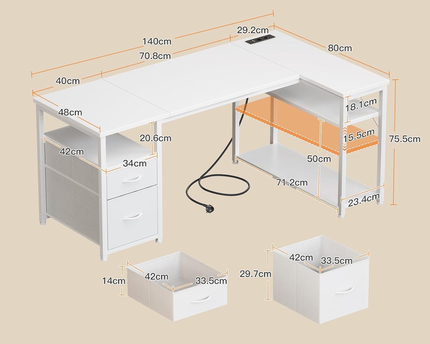 Detalle de Coleshome Scrivania Angolare con Cassetti 140 x 80 cm – Bianco