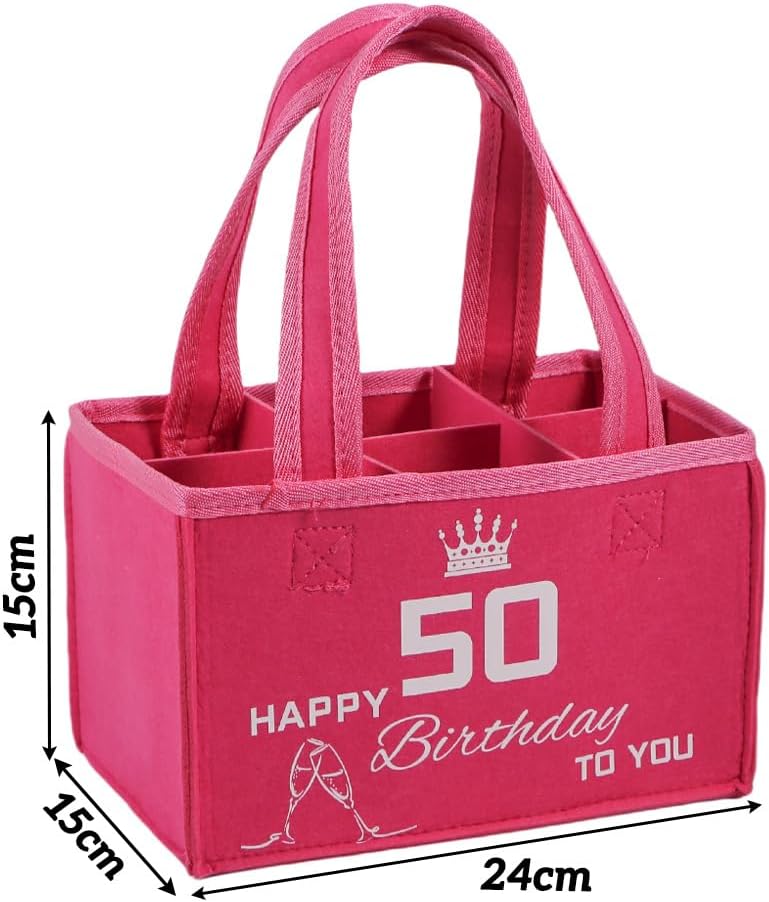 Detalle de Flaschentasche zum 50 Geburtstag Frau – Geschenkset aus rosa Filz mit 50 GEBURTSTAG-Druck, Platz für bis zu 6 kleine Sektflaschen