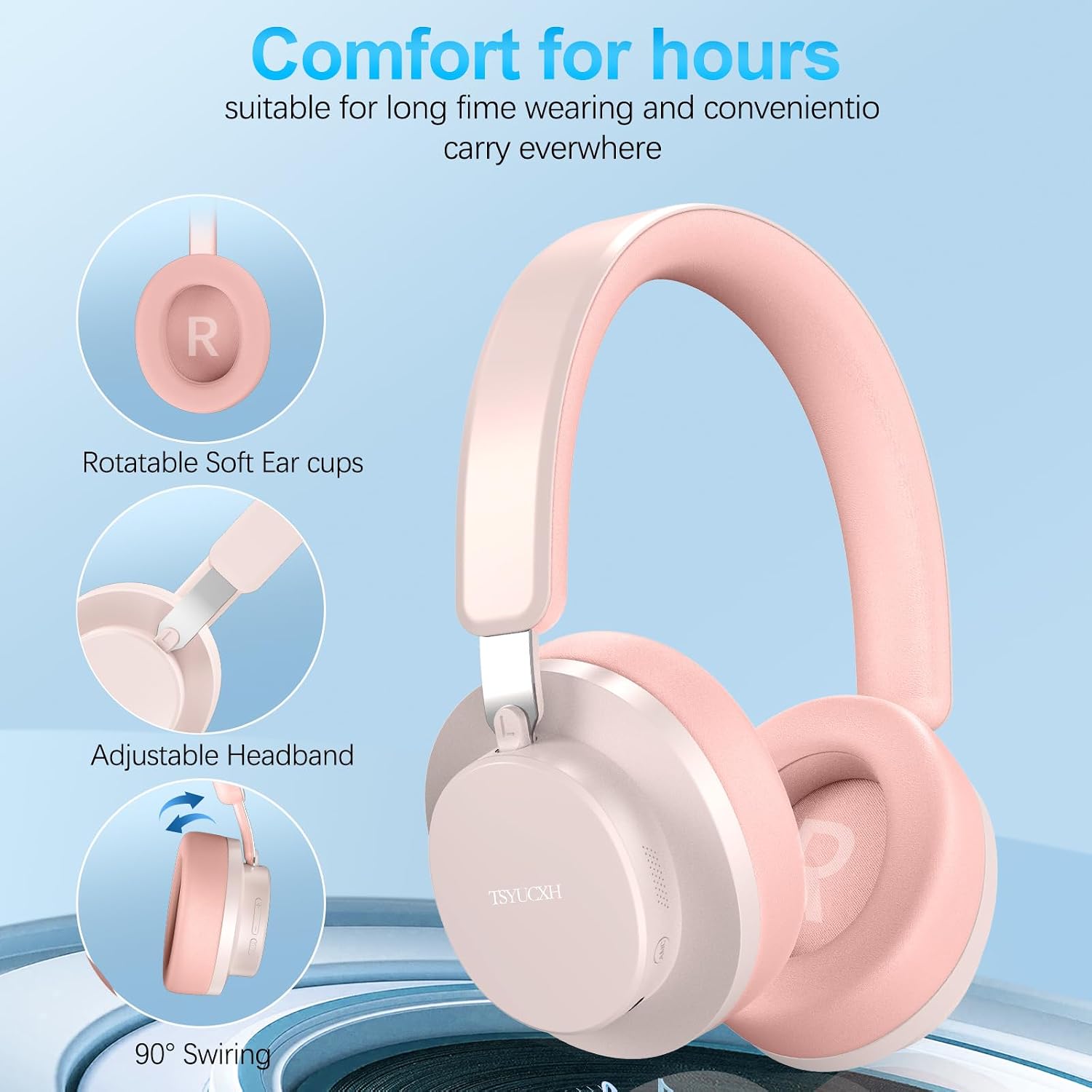 Detalle 2 de TSYUCXH Noise Cancelling Wireless Over-Ear Headphones (Pink) with Microphone