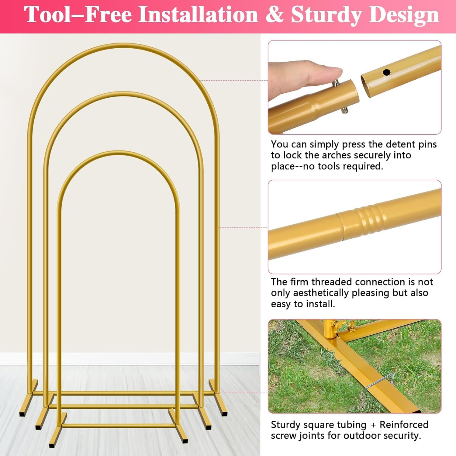Thumbnail 2 de YAYOYA Metal Arch Backdrop Stand – Set of 3 (4ft/5ft/6ft) Gold Arches