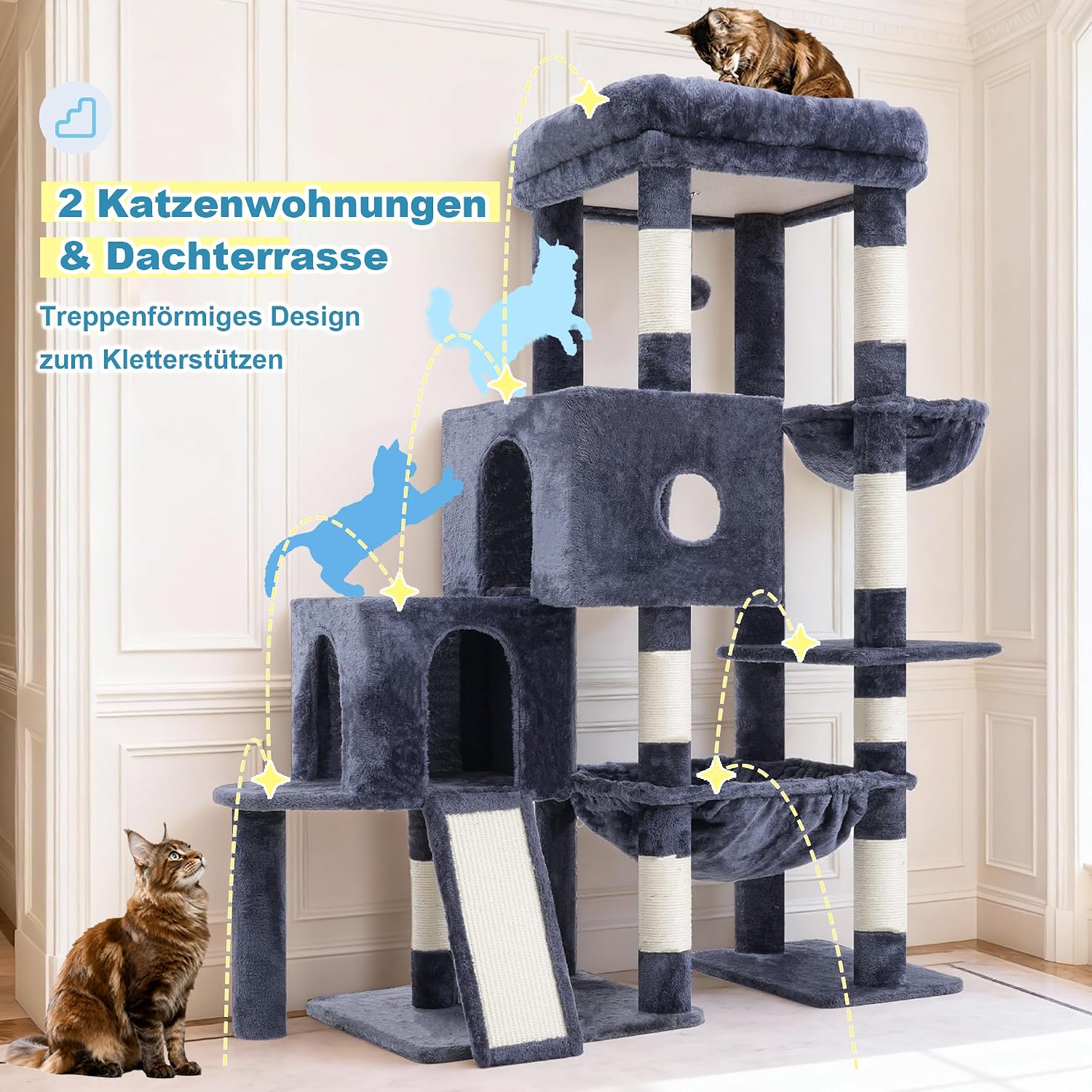 Detalle de Hey-brother Kratzbaum – Katzenbaum mit großen Plattformen und Treppenstruktur, 127 cm hoch