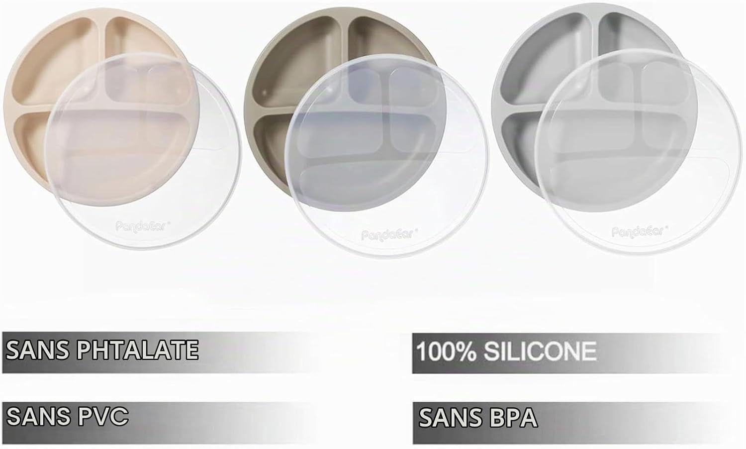 Detalle de PandaEar baby-plates siliconen zuigborden voor baby’s, set van 3 met vakken en deksels