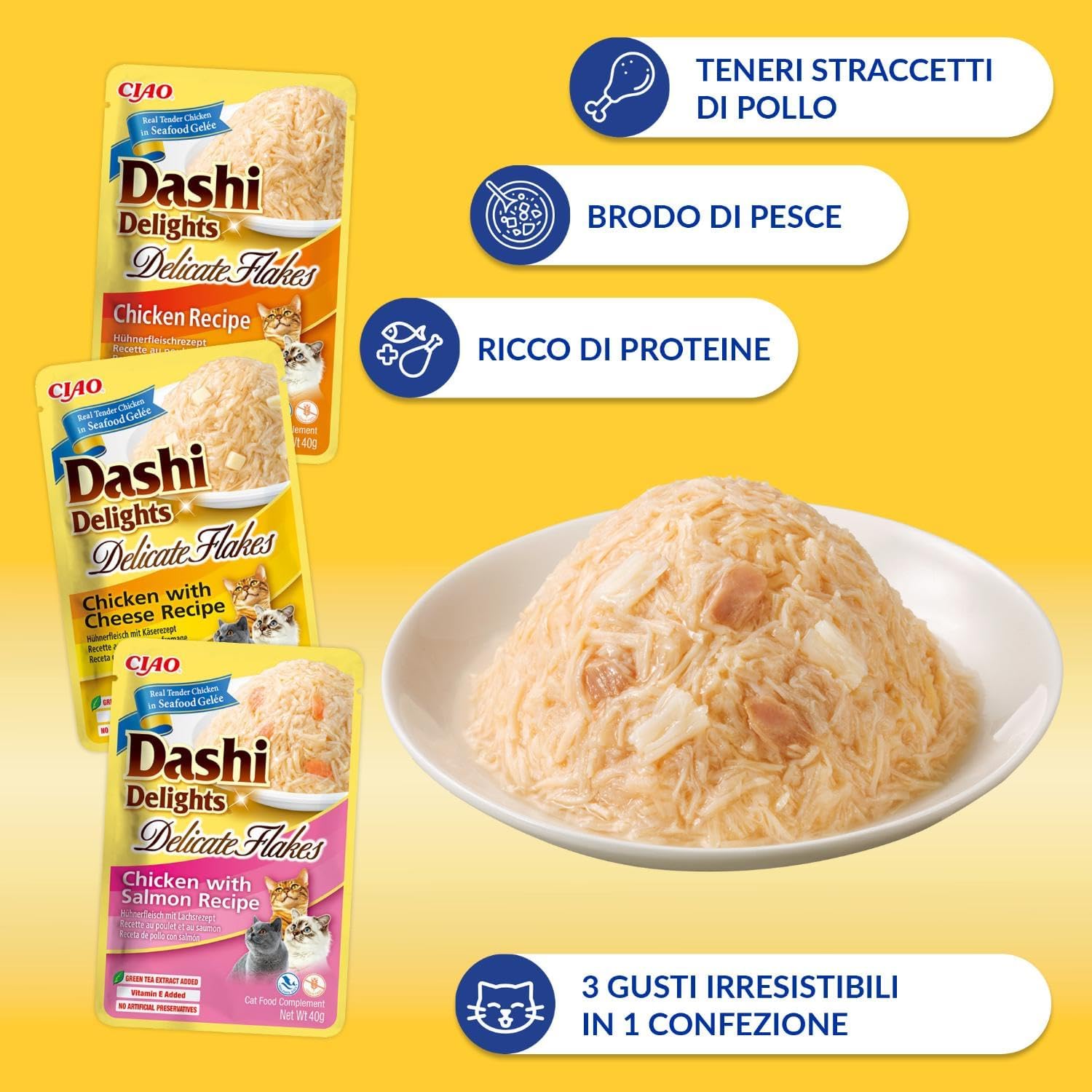 Detalle de INABA Dashi Delights Delicate Flakes: Fiocchi in Brodo per Gatti, 3 Ricette – 12 Bustine da 40 g