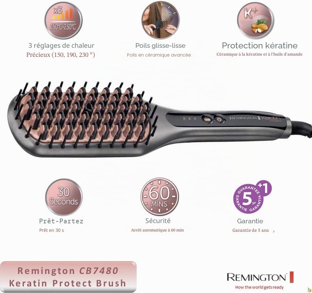 Detalle de Remington Brosse Lissante Ionique 2 en 1 Keratin Protect CB7480 — lissage et démêlage doux et performant