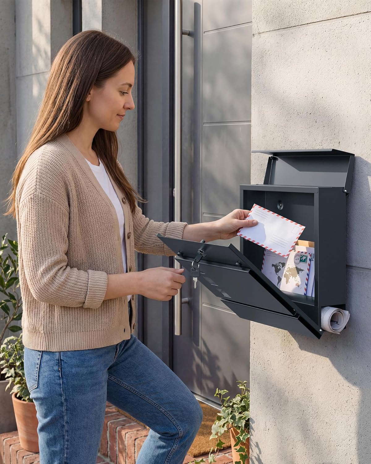 Detalle de SONGMICS XL Briefkasten mit Zeitungsfach, Sichtfenster und Schloss – anthrazit, 9,5 x 29 x 31 cm