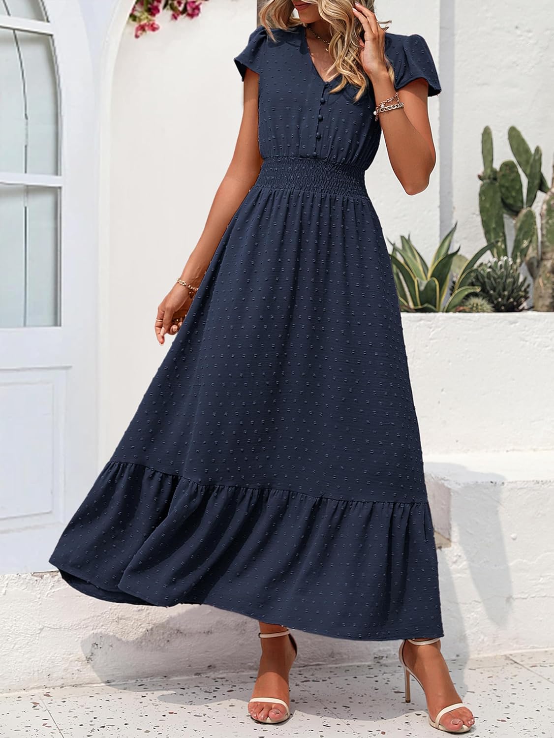Detalle de PRETTYGARDEN Women's 2026 Summer Maxi Dress — Boho Swiss Dot with Cap Sleeves